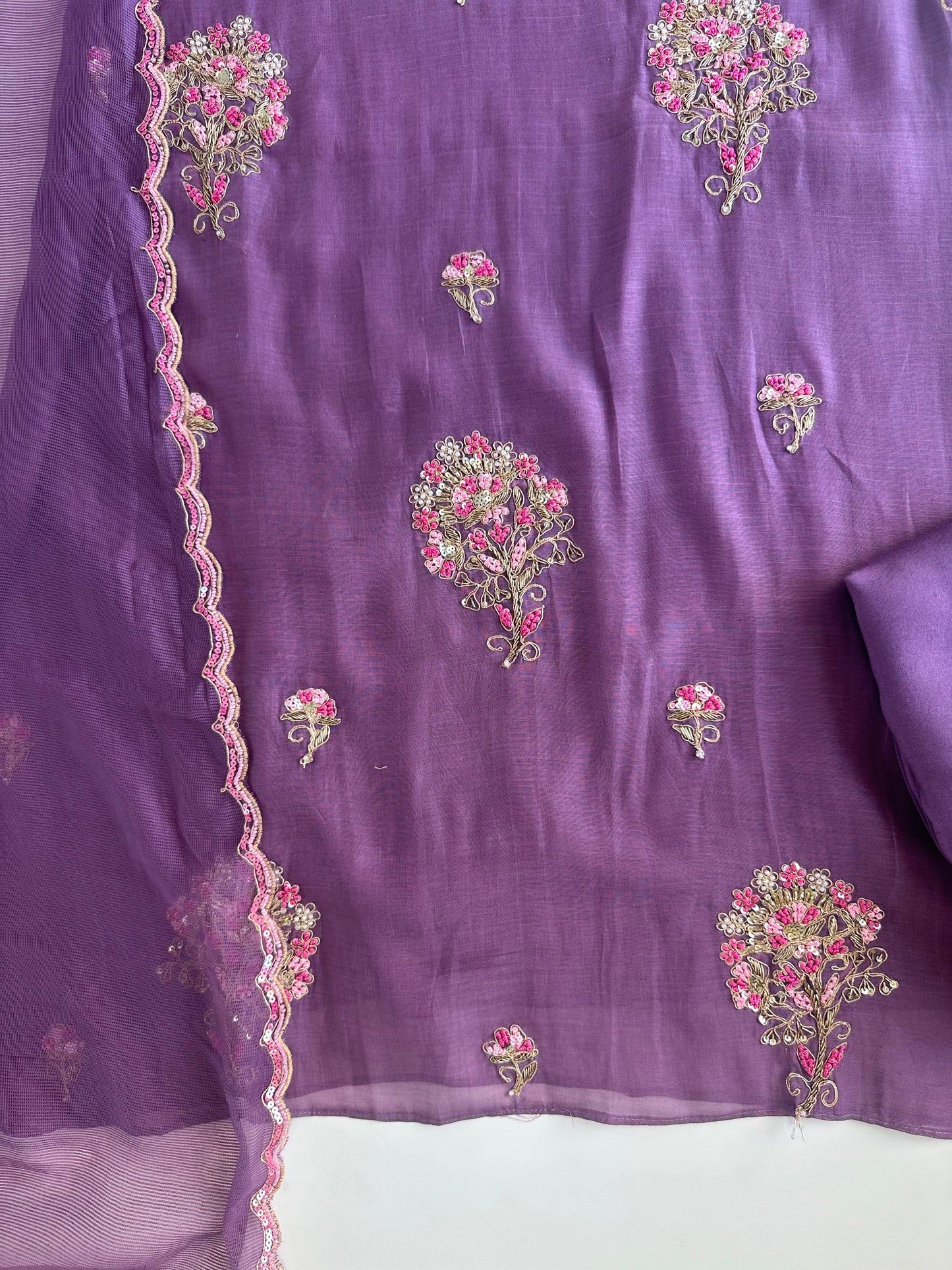 K469 - Mul chanderi handwork Aline kurti with pants and dupatta