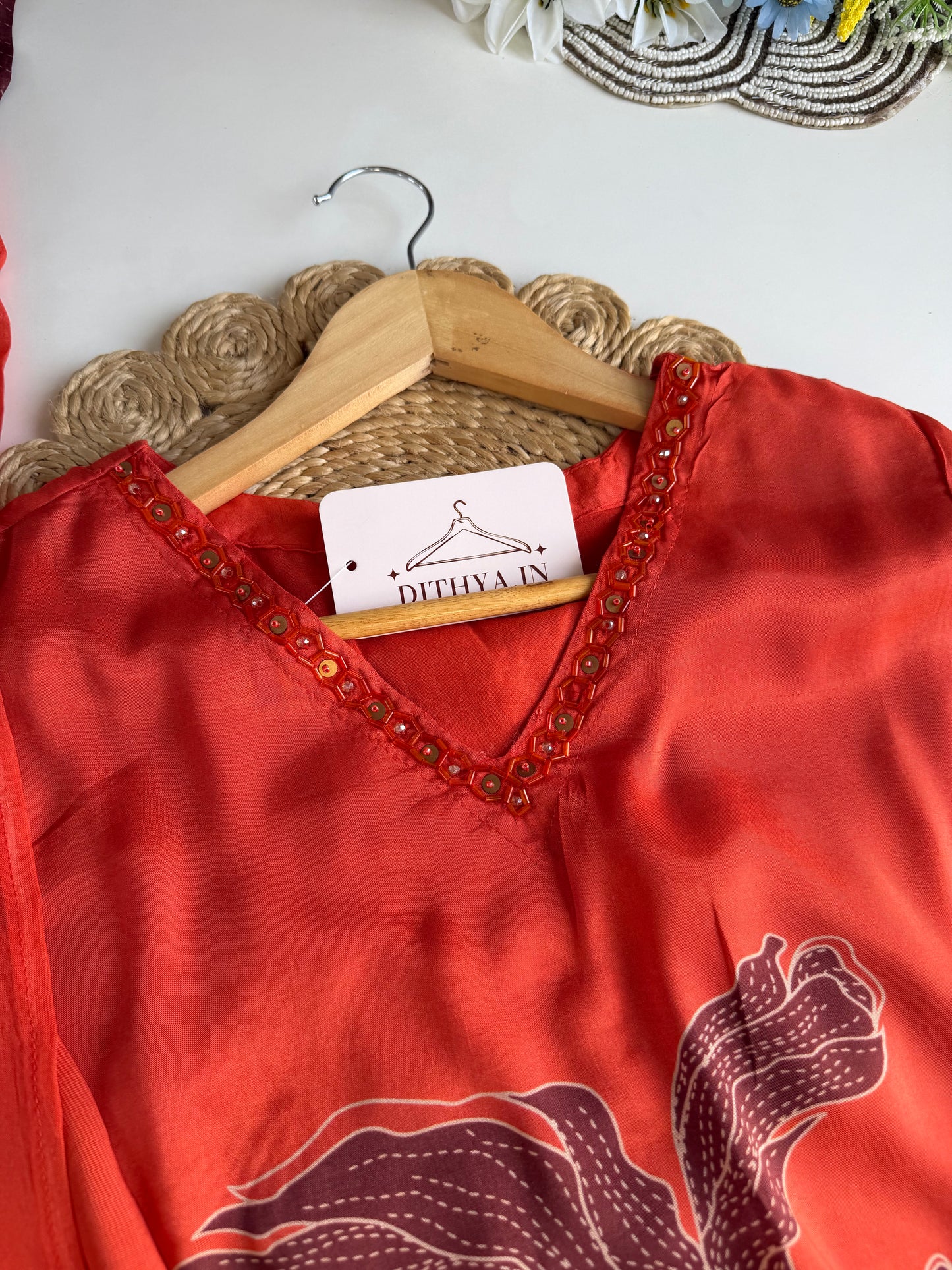 K336 - Muslin silk handwork Aline Kurti with pants and dupatta