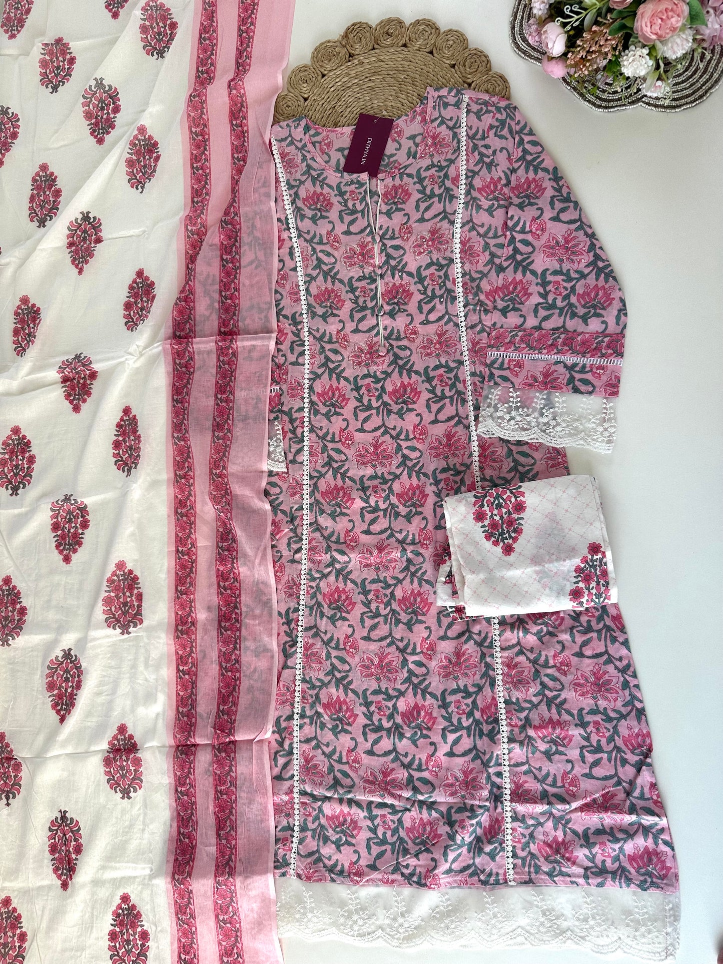 K056 - Cotton printed handwork Aline kurti with pants and dupatta.