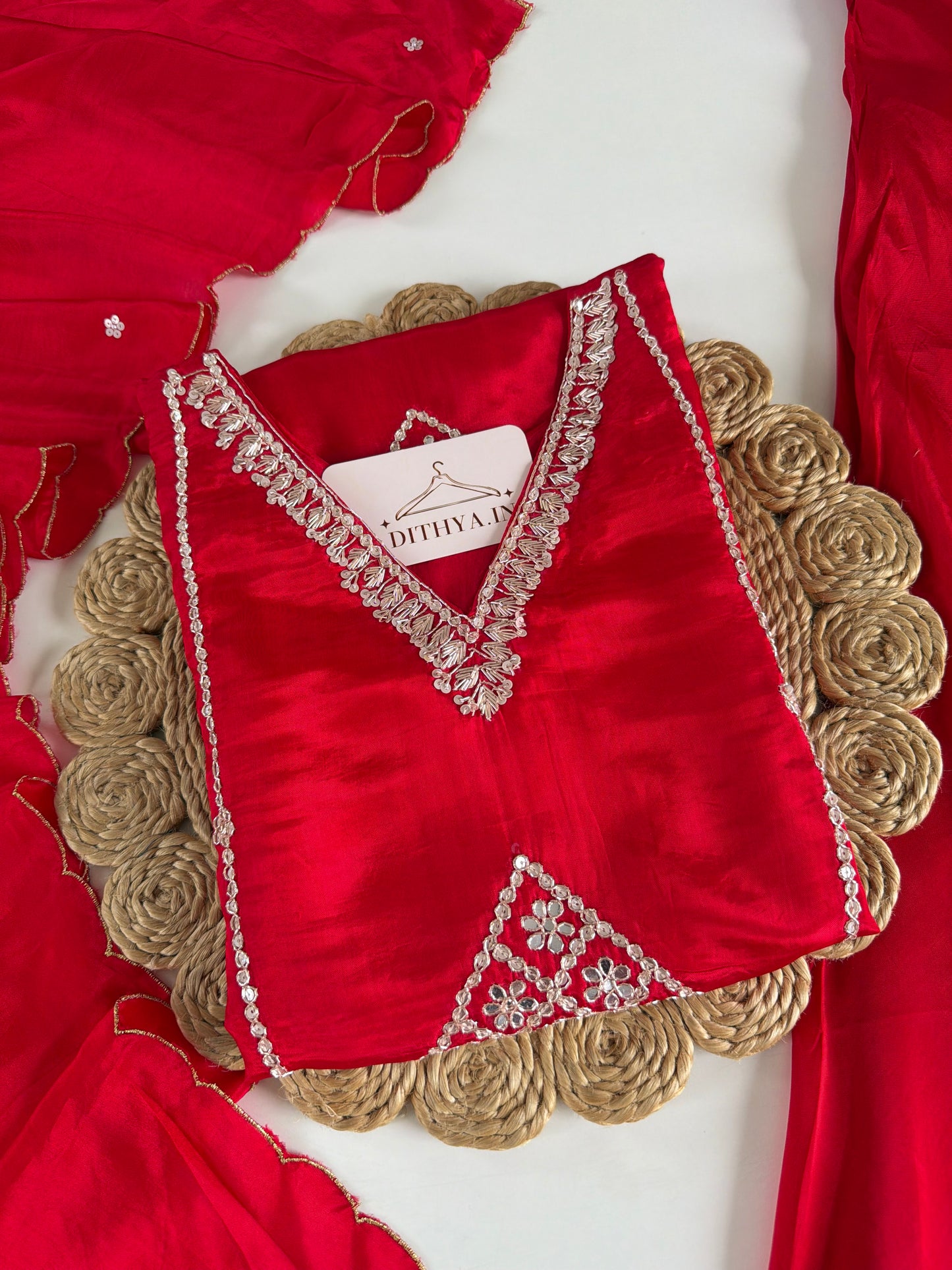 K375 - Pure crape gota work short Kurti with divider pants and dupatta