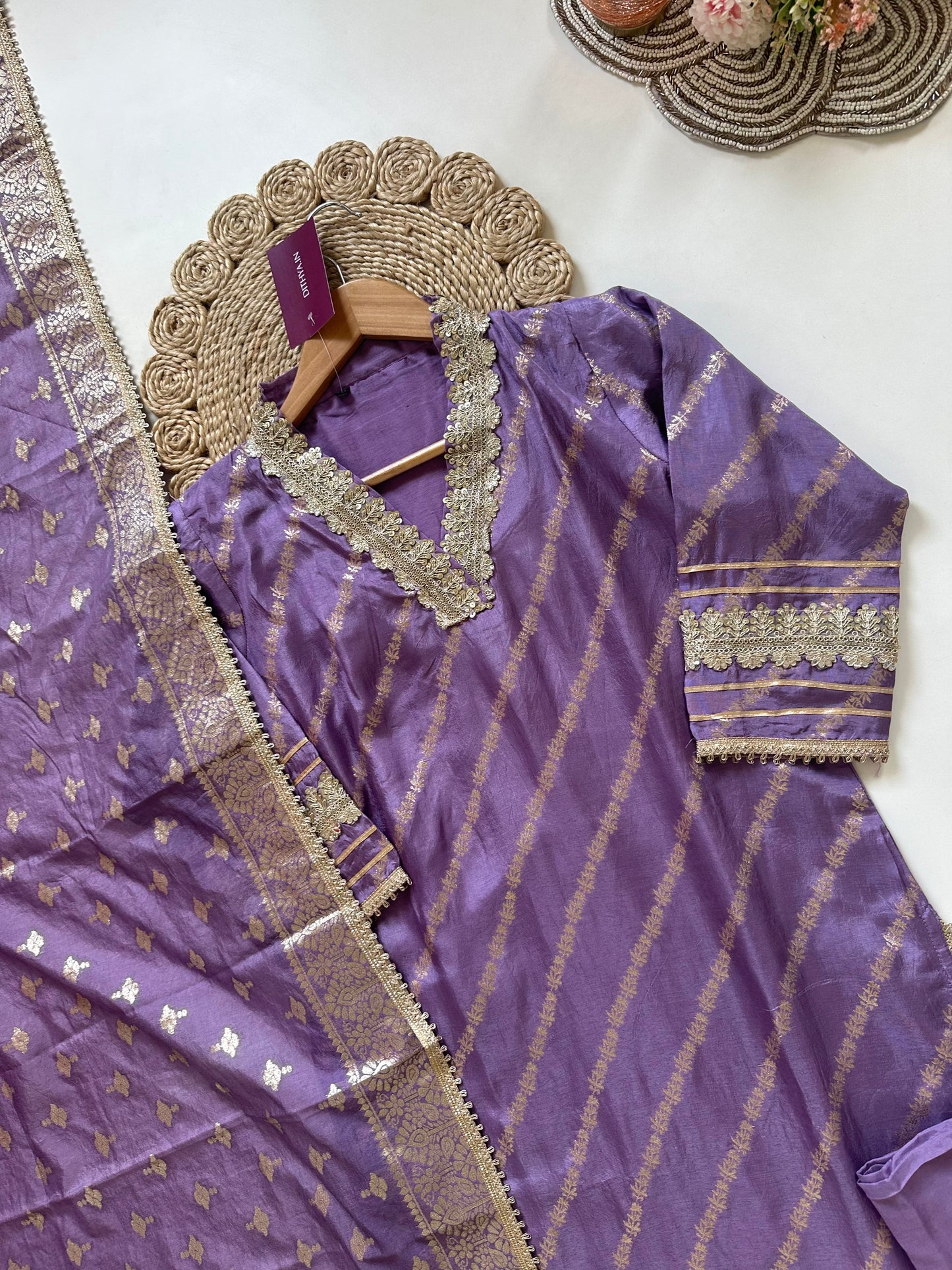 K318 - Jacquard silk Collar neck straight kurti with pants and dupatta.