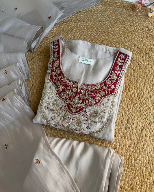 K090 - Surat Mul chanderi handwork aline Kurti with pants and dupatta