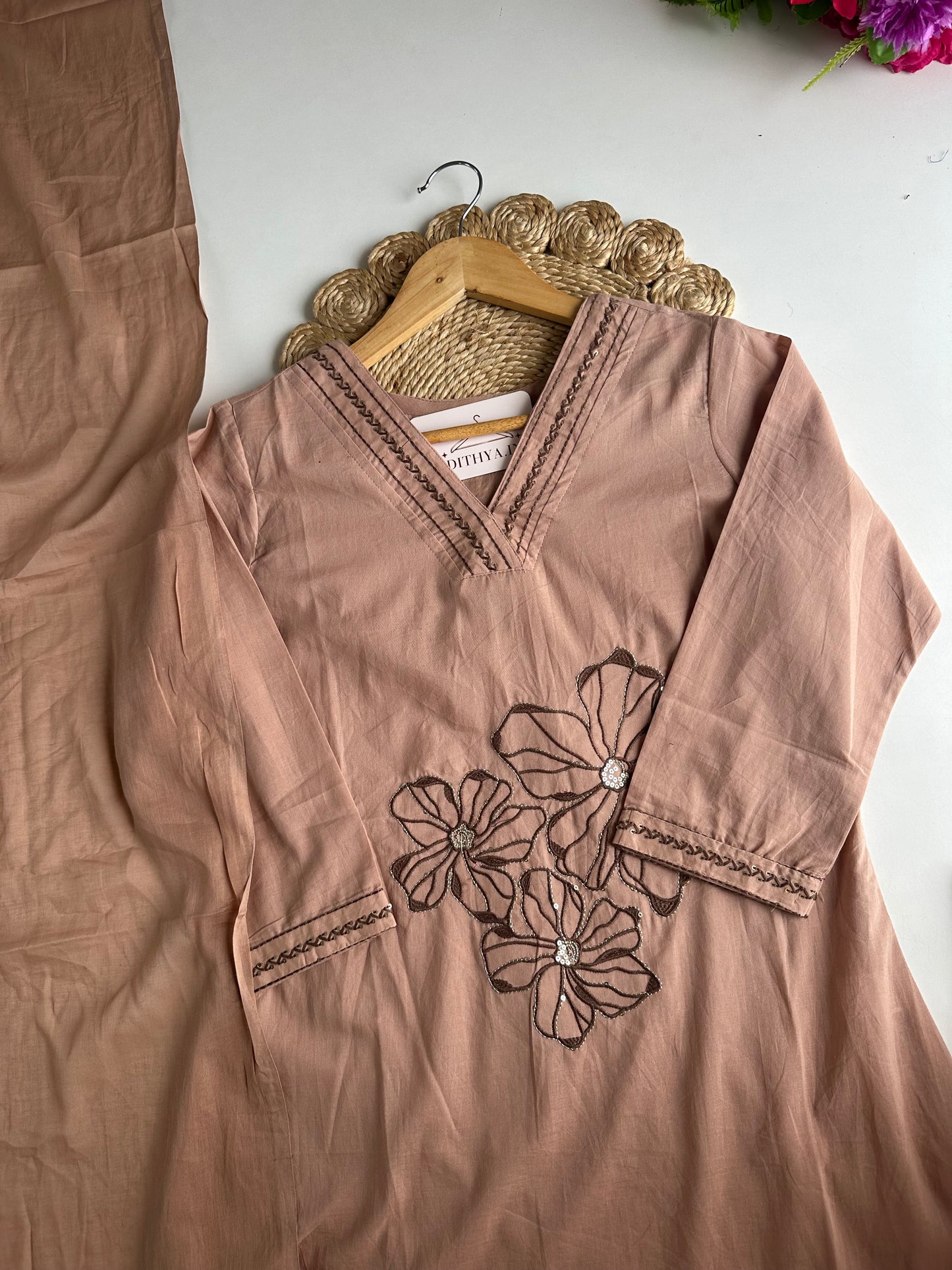 K184 - Mul cotton embroidered straight Kurti with pants and dupatta