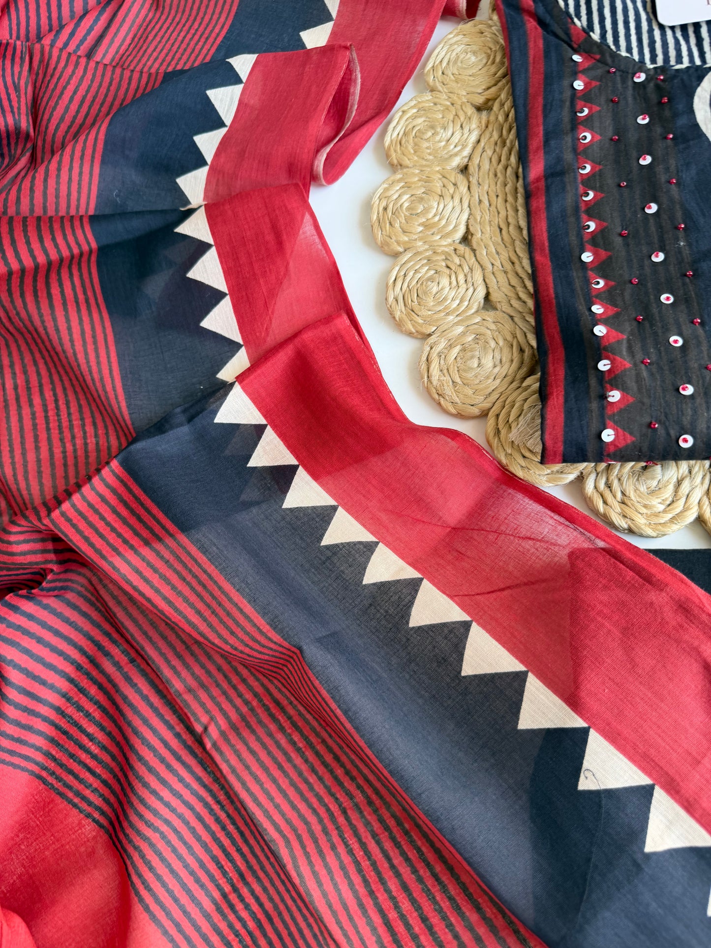 K032 - Mul cotton embroidered straight Kurti with pants and dupatta