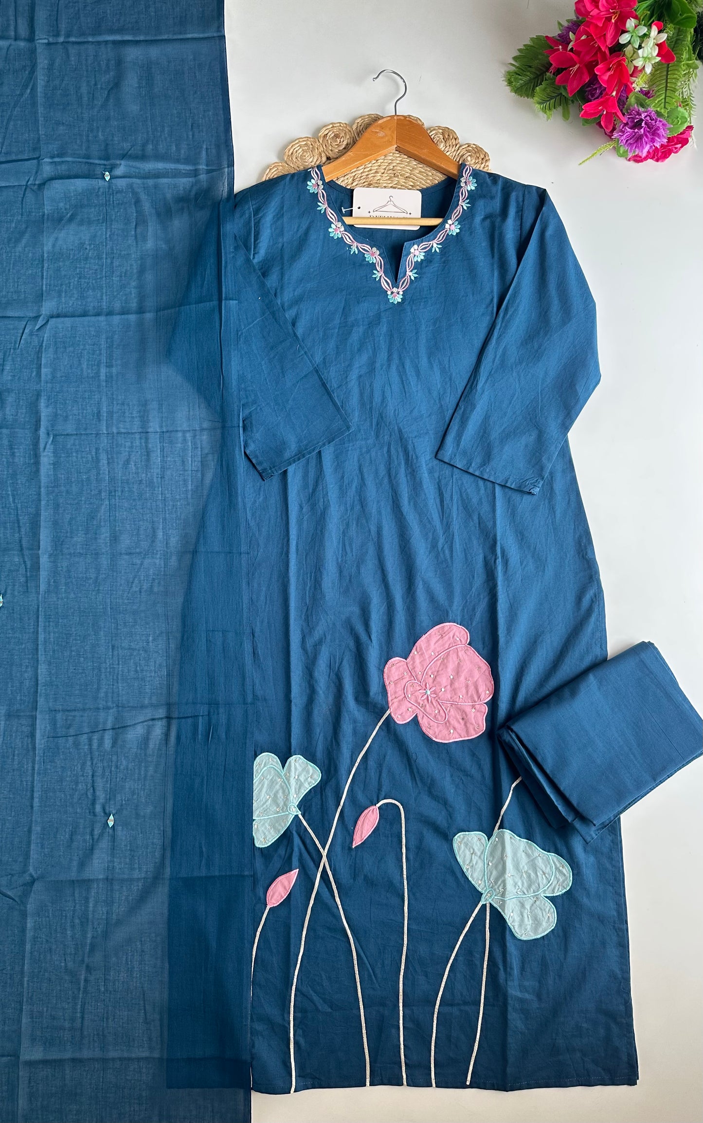 K198 - Mul cotton embroidered straight Kurti with pants and dupatta