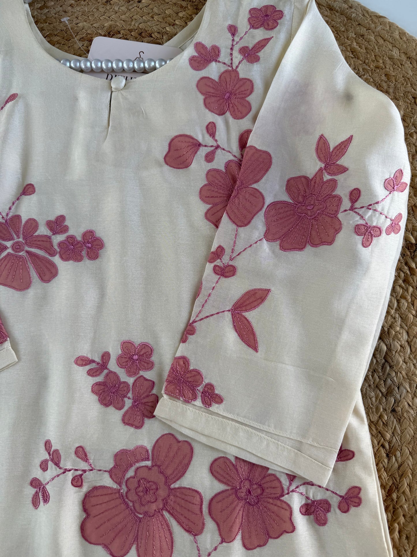 K603 - Russian silk appliqué work straight Kurti with pants and dupatta