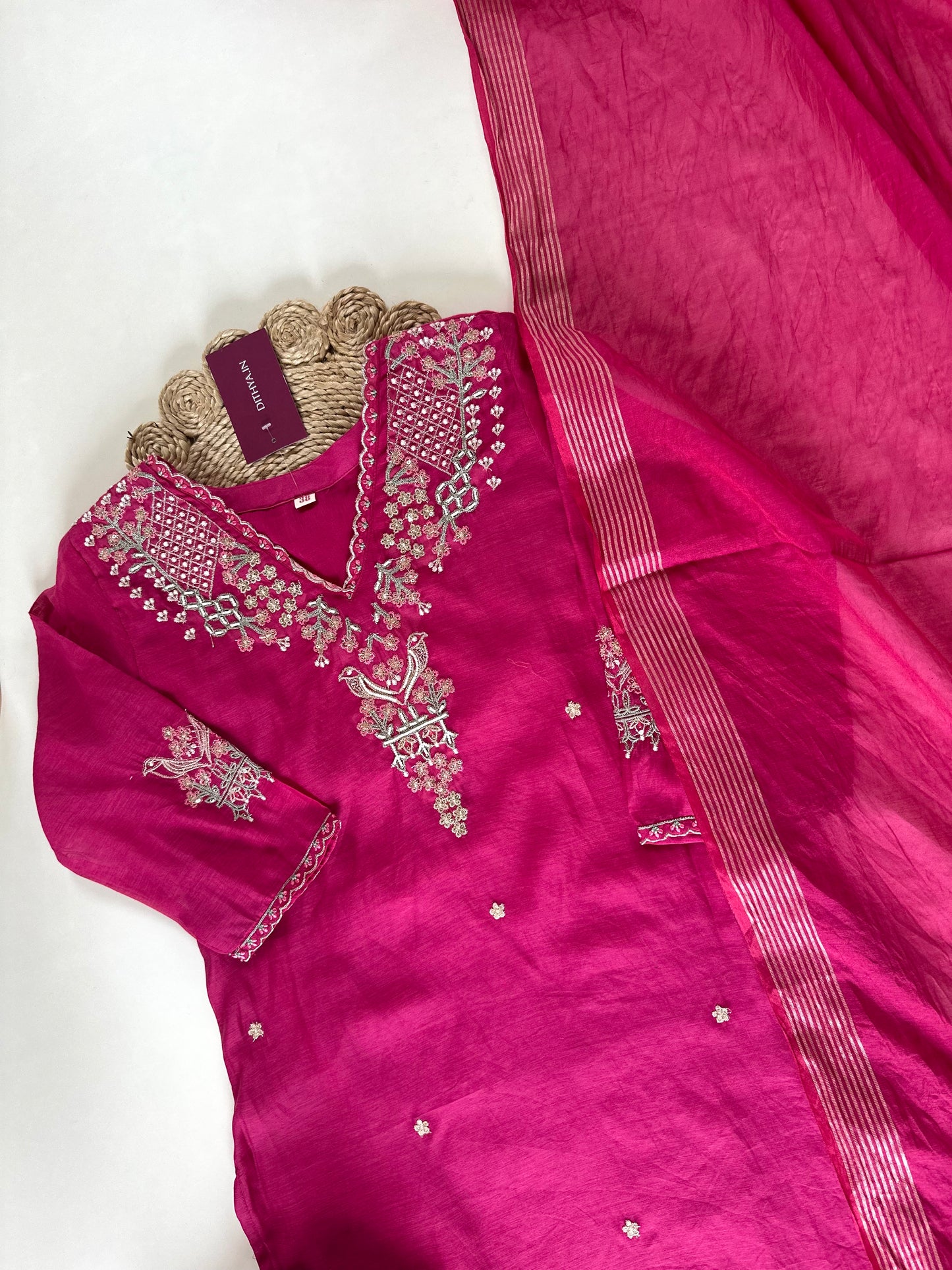 K044 - Handwork Mul Chanderi straight kurti with pants and dupatta .