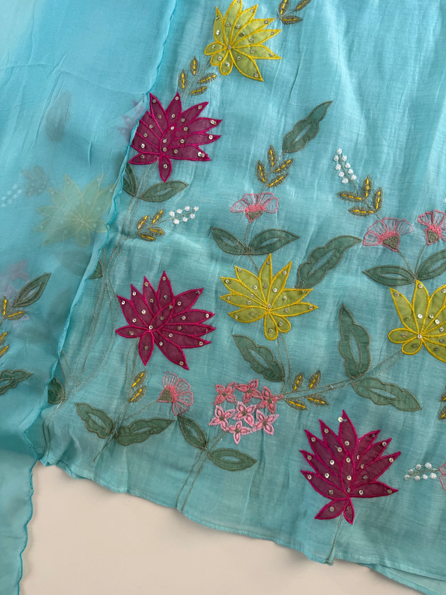 K589 - Mul chanderi appliqué embroidered Aline Kurti with pants and dupatta