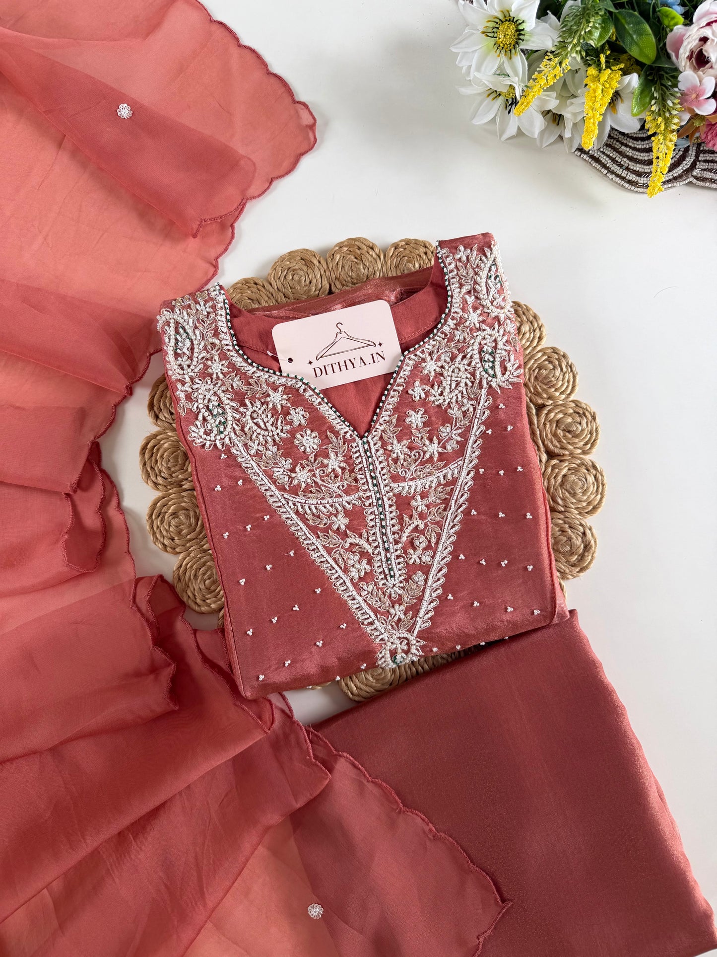 K110 - Tissue silk pearl work Anarkali with pants and dupatta