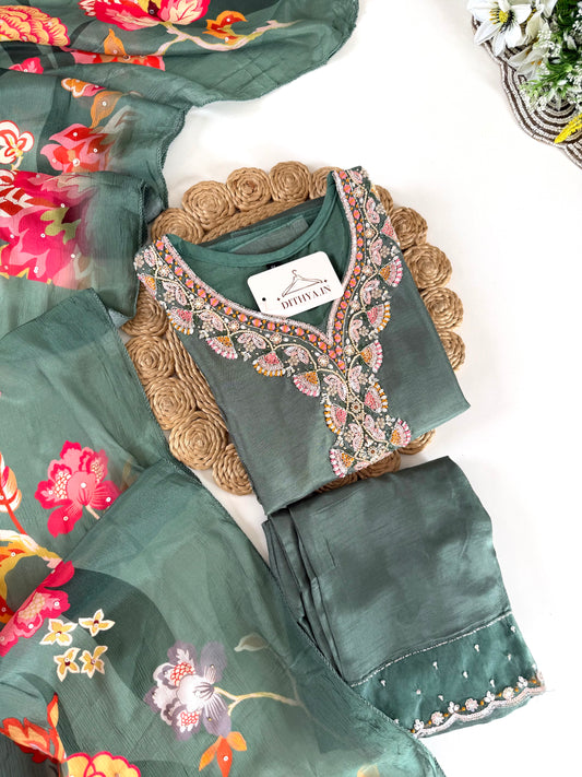 K642 - Dola silk Handwork straight Kurti with pants and dupatta