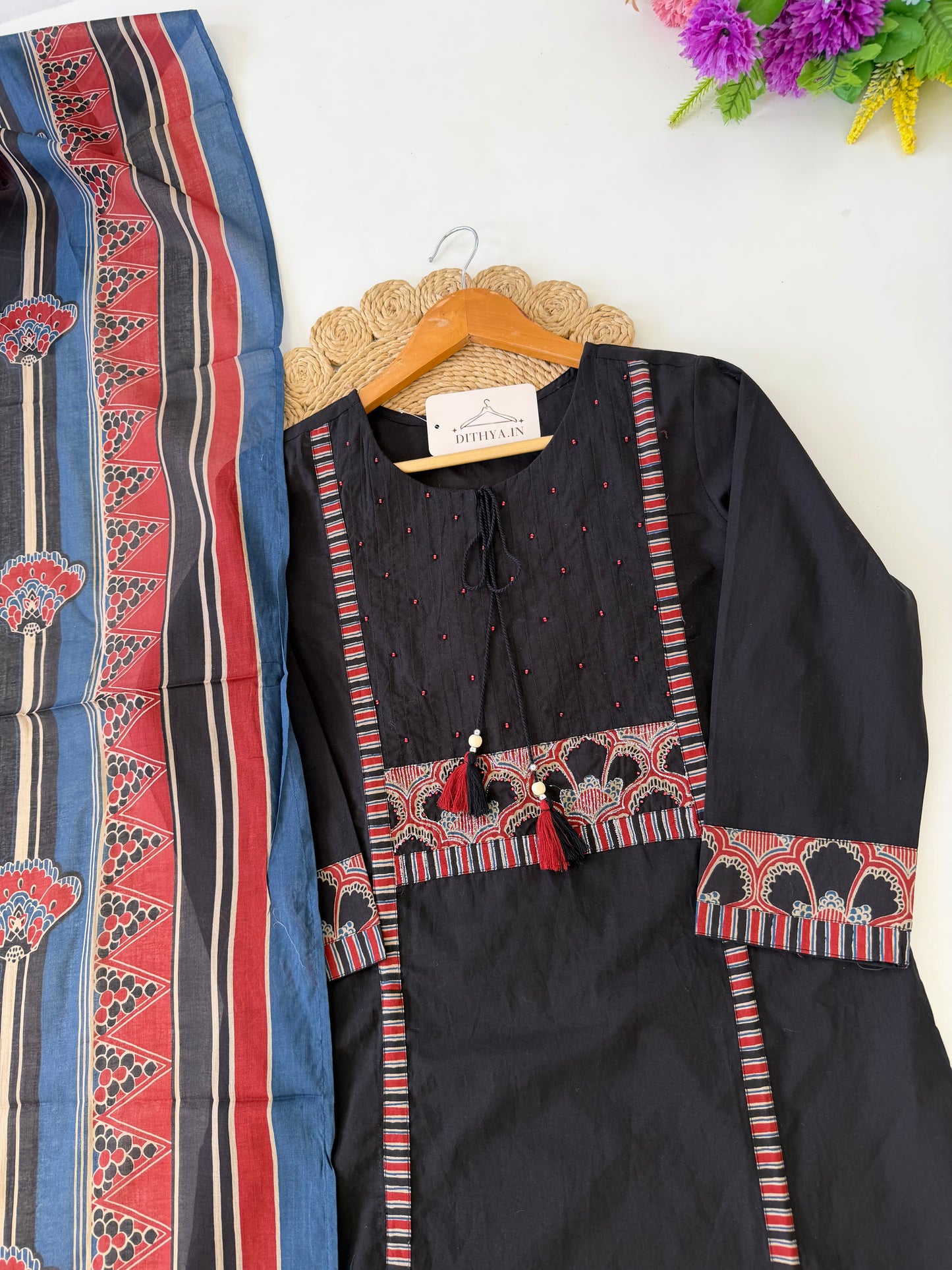 K675 - Mul cotton embroidered straight Kurti with pants and dupatta