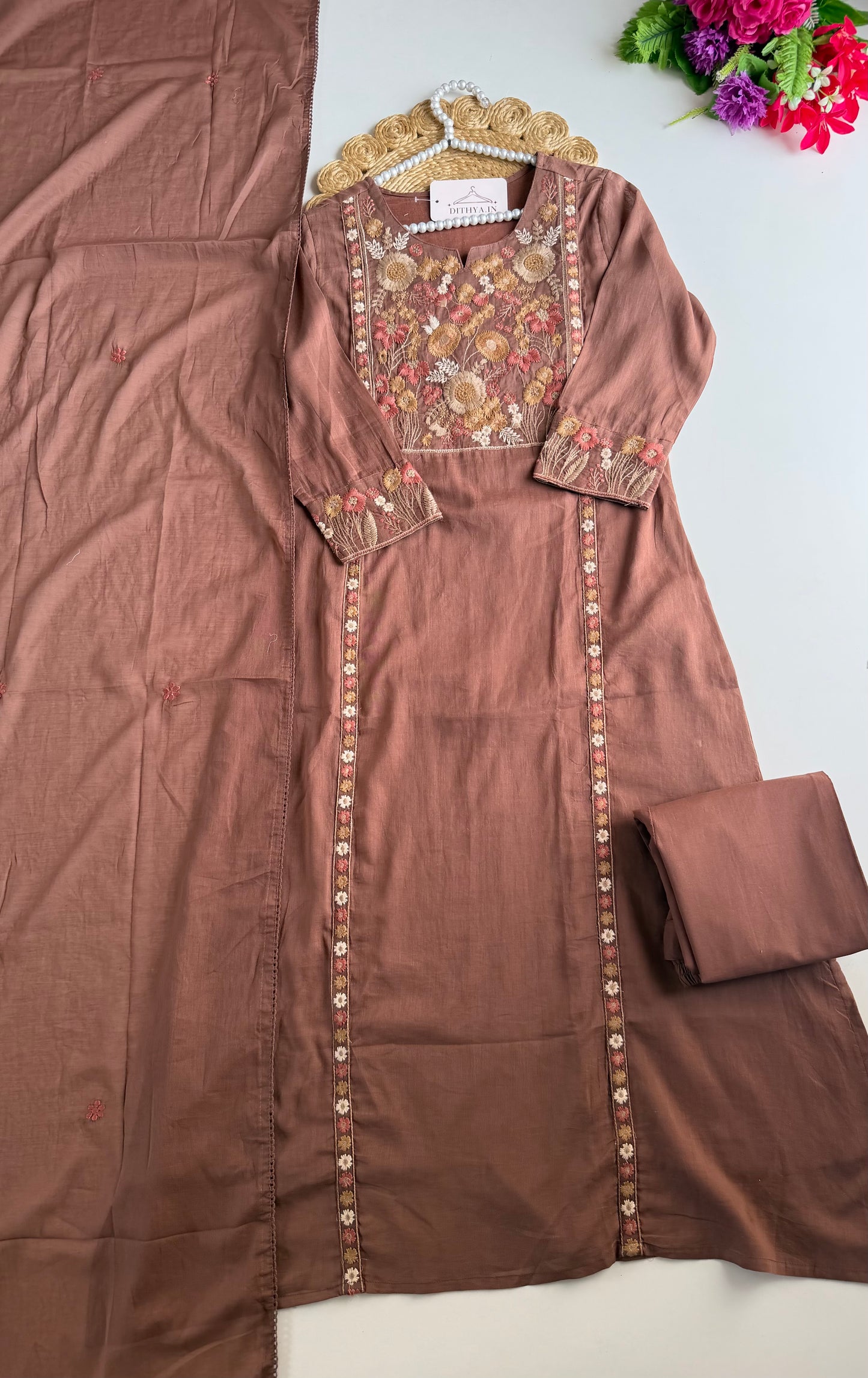 K657 - Mul cotton embroidered straight Kurti with pants and dupatta