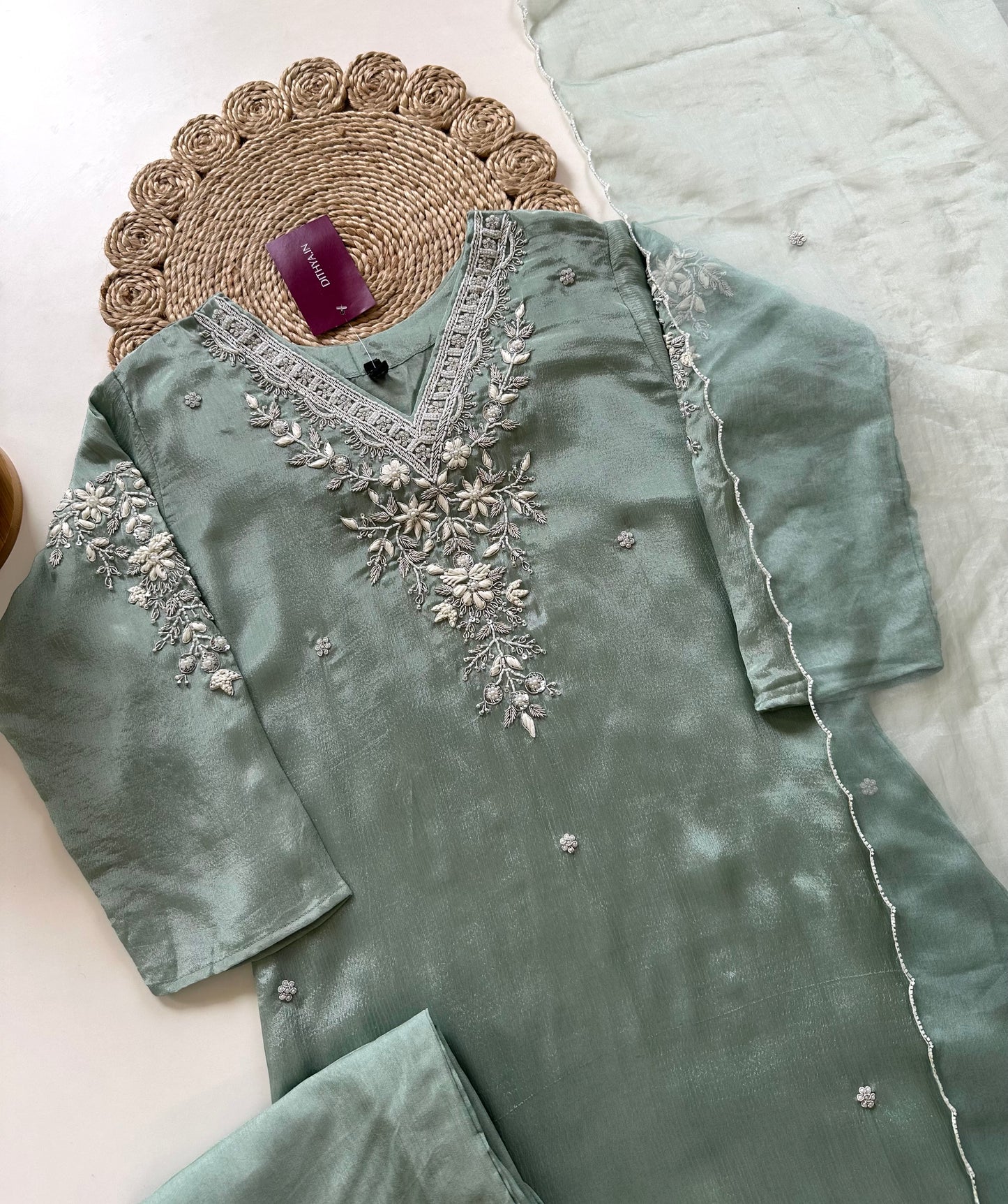 K158 - Pure chinnon handwork straight kurti with pants and dupatta .