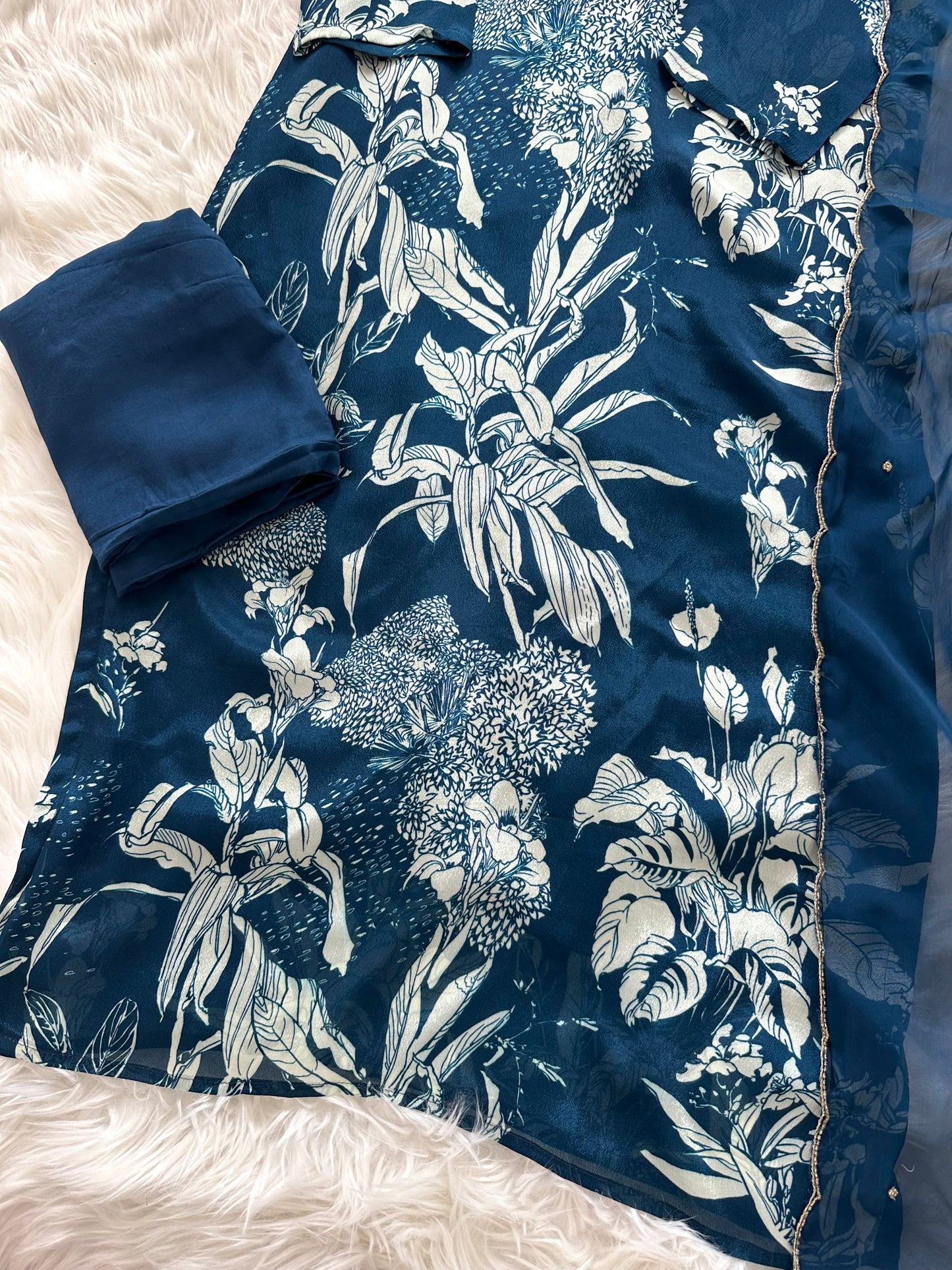K431 - Chinnon floral straight Kurti with pants and dupatta in 2 colours