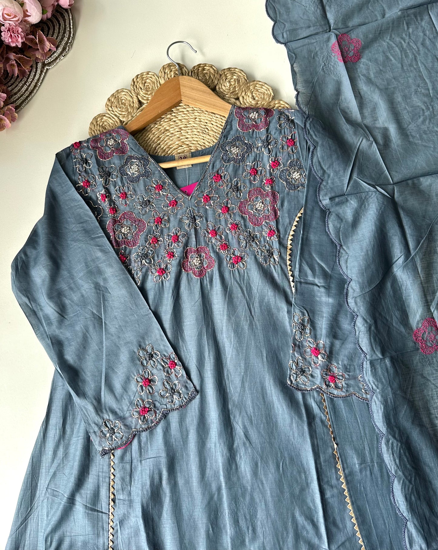 K375 -Mul Chanderi handwork Aline Kurti with pants and dupatta