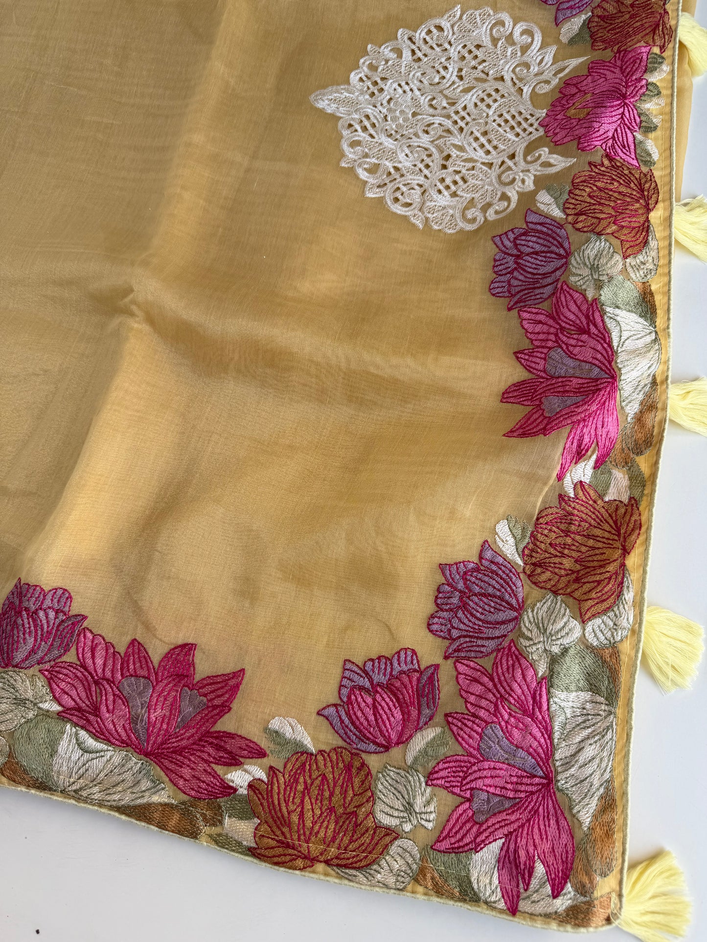 S020 - Soft organza appliqué embroidered saree in 3 colours