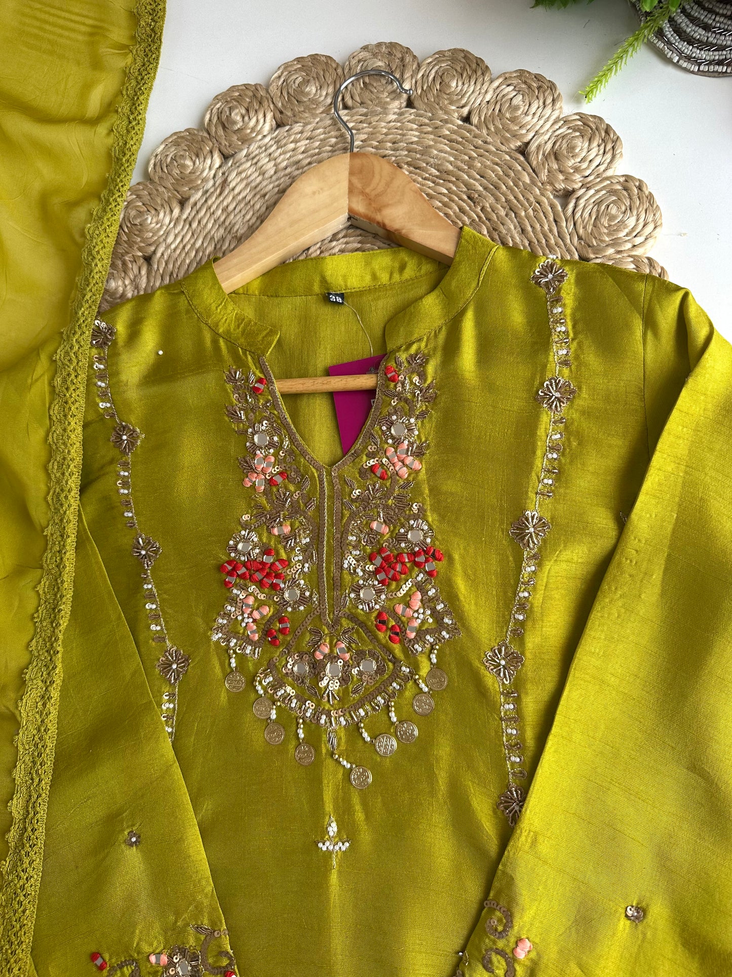 K146 - Russian silk handwork straight Kurti with pants and dupatta