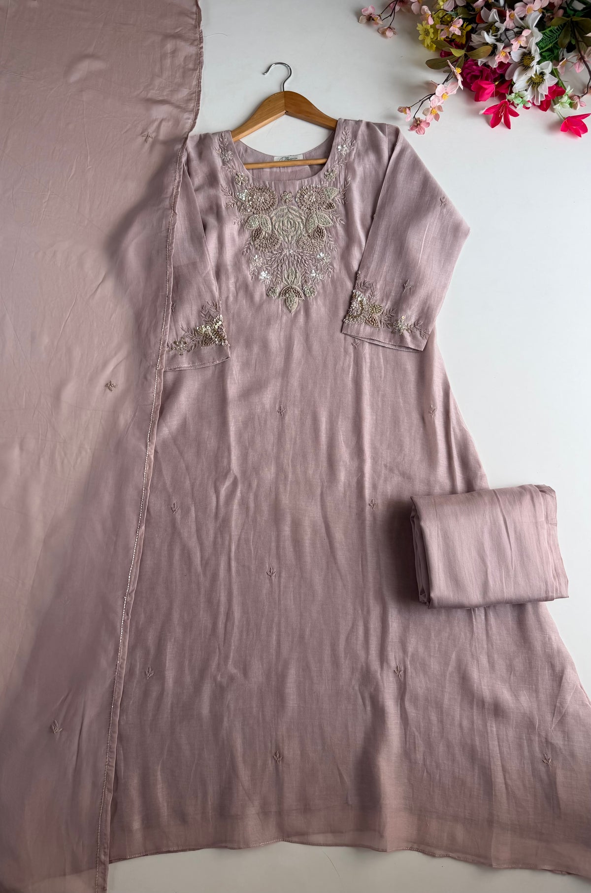 K479 - Mul chanderi handwork aline Kurti with pants and dupatta