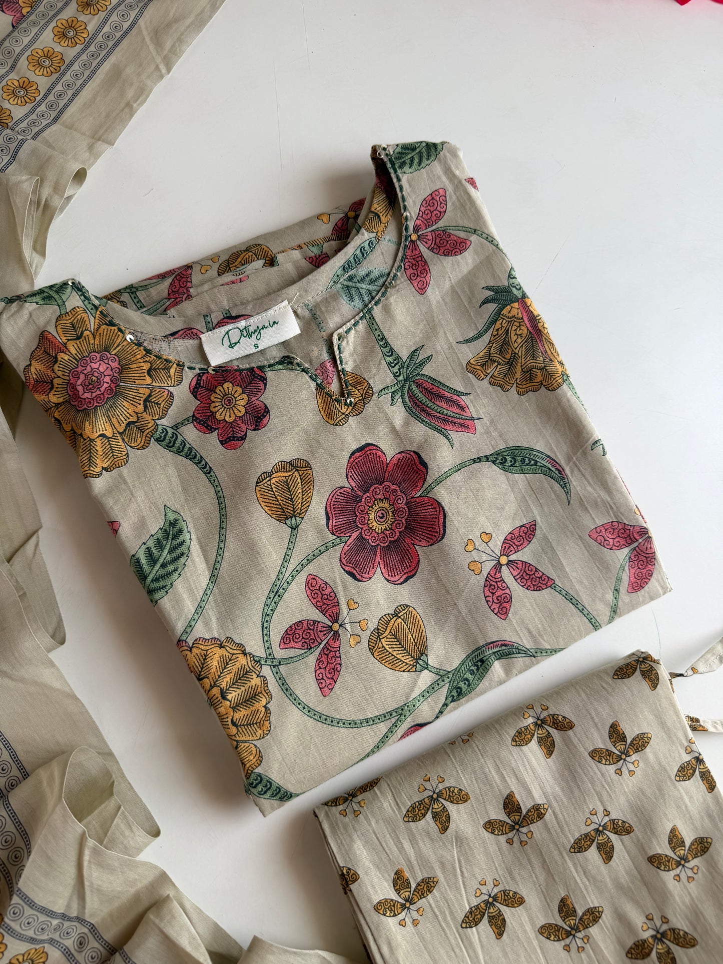 K139 - Mul cotton floral printed Aline Kurti with pants and dupatta