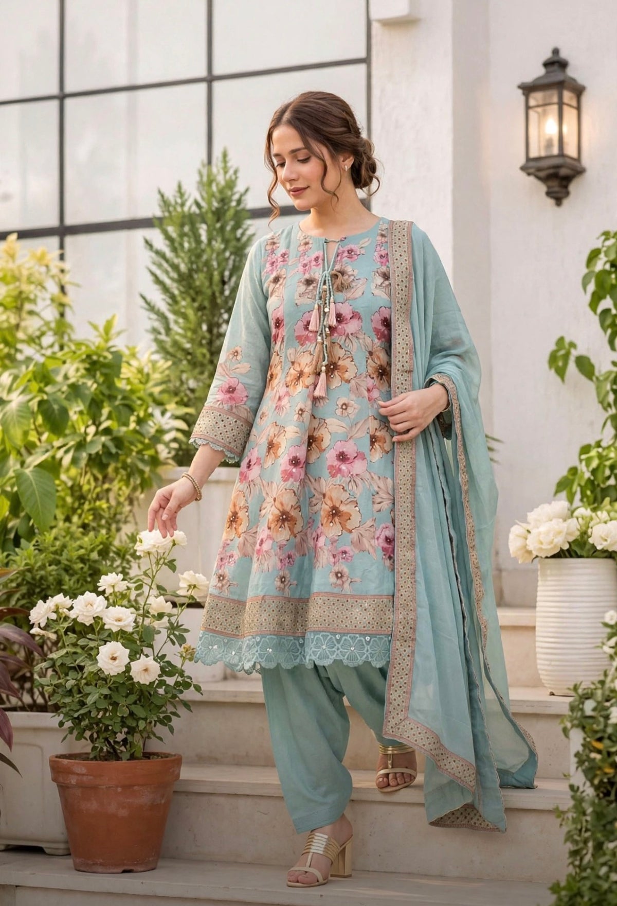 K719 - Floral Pure Musselin bestickter Farshi Salwar mit Hose und Dupatta