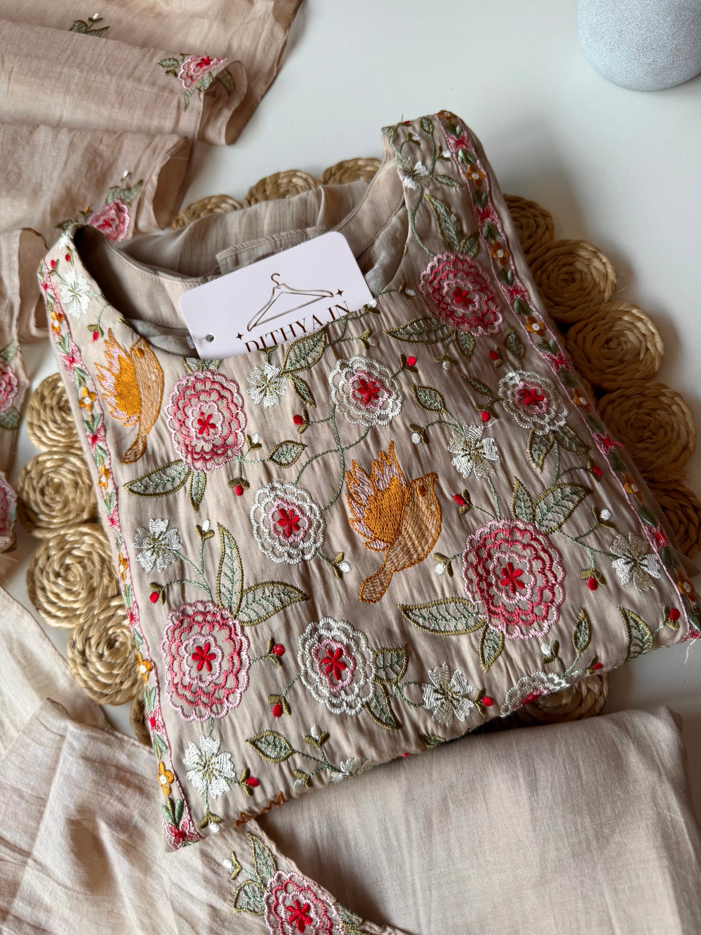 K140 - Mul chanderi embroidered Anarkali with pants and dupatta