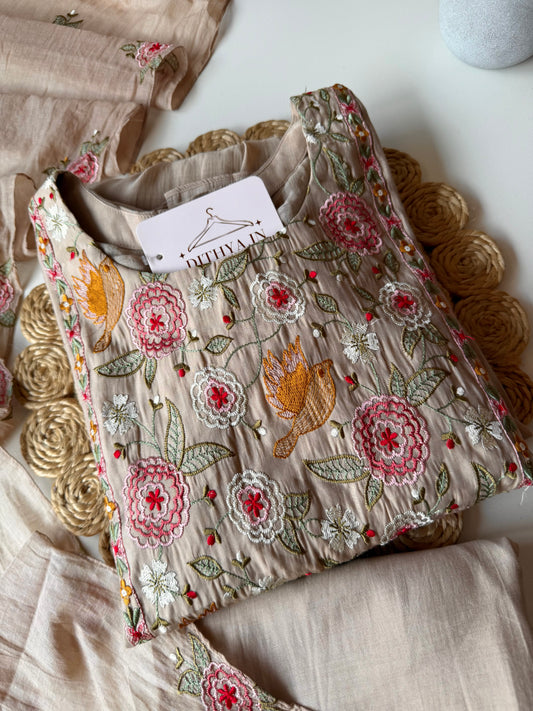 K140 - Mul chanderi embroidered Anarkali with pants and dupatta