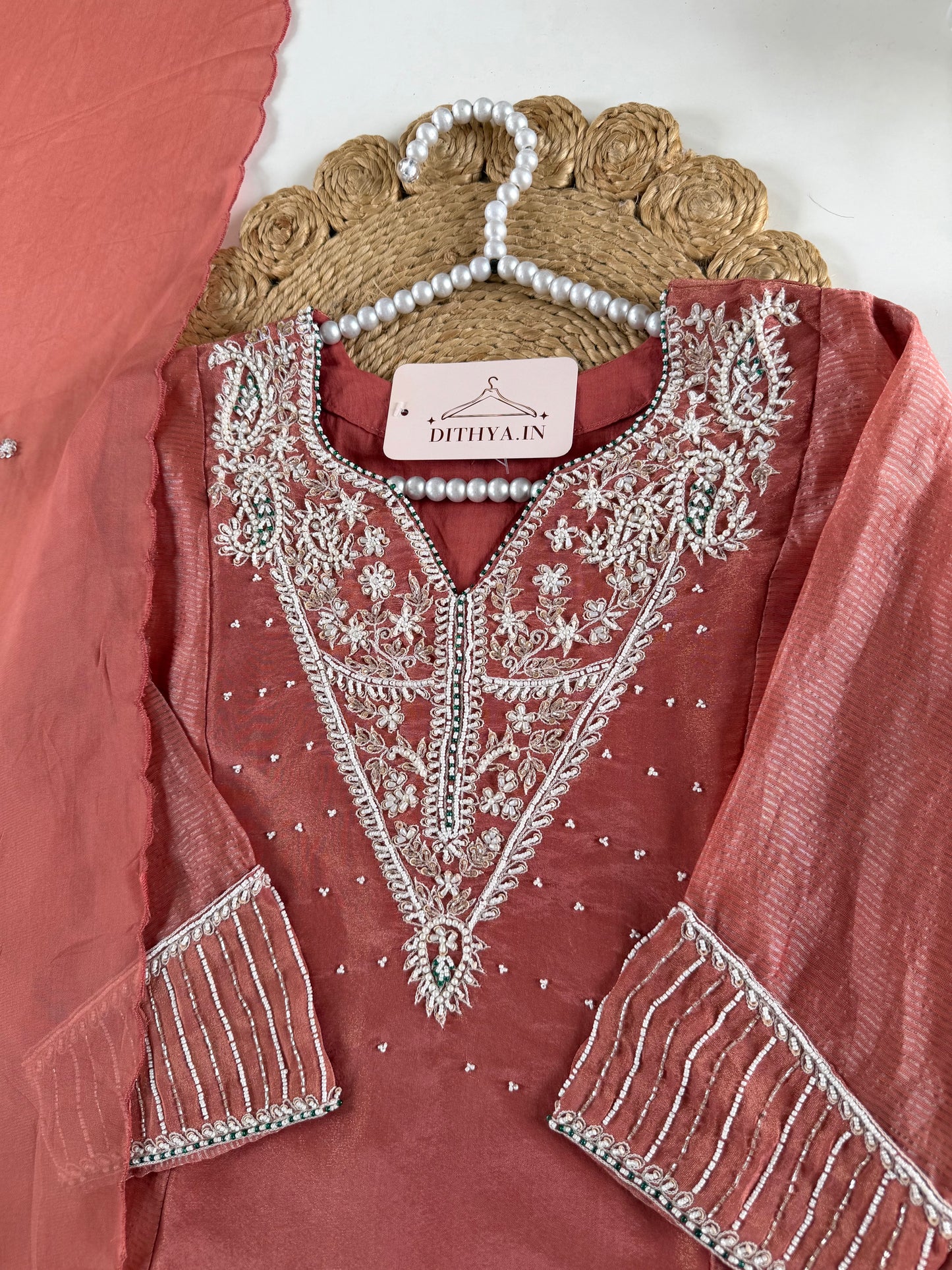 K110 - Tissue silk pearl work Anarkali with pants and dupatta