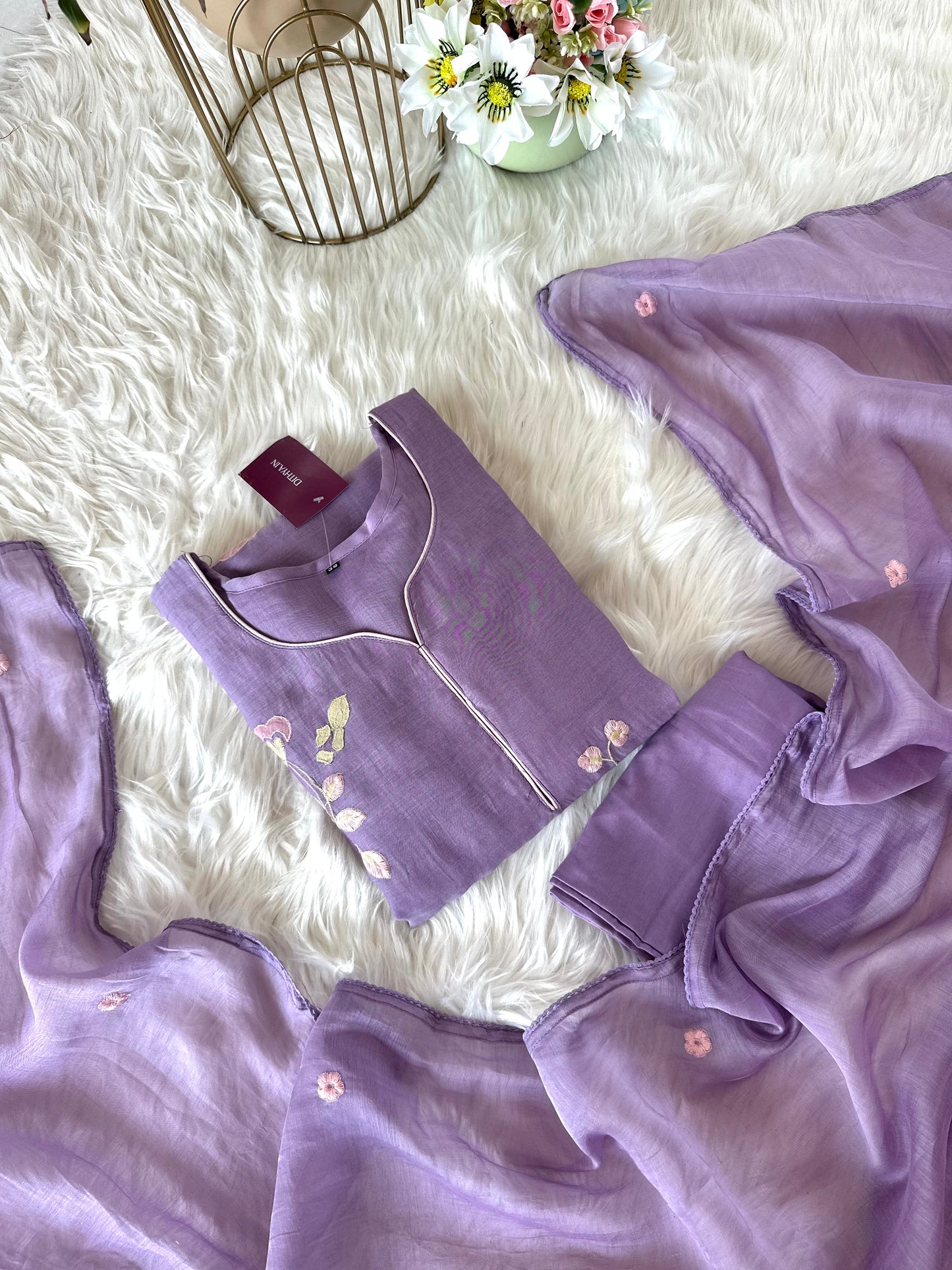 K337 - Mul Chanderi Appliqué work Anarkali with pants and dupatta