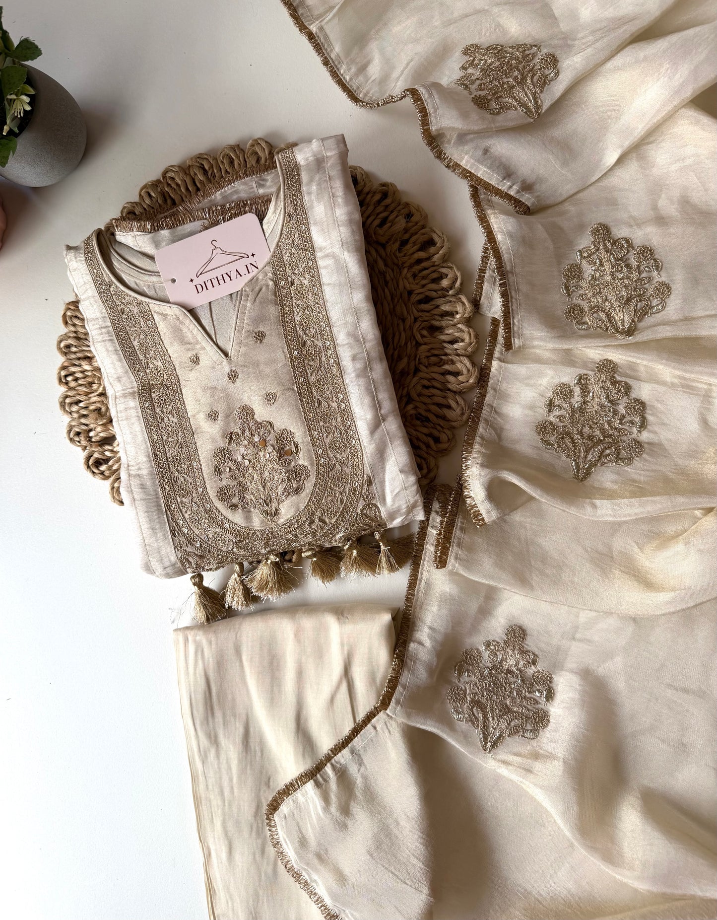 K229 - Tissue silk zari work Aline Kurti with pants and dupatta