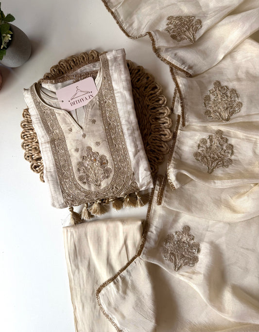 K229 - Tissue silk zari work Aline Kurti with pants and dupatta