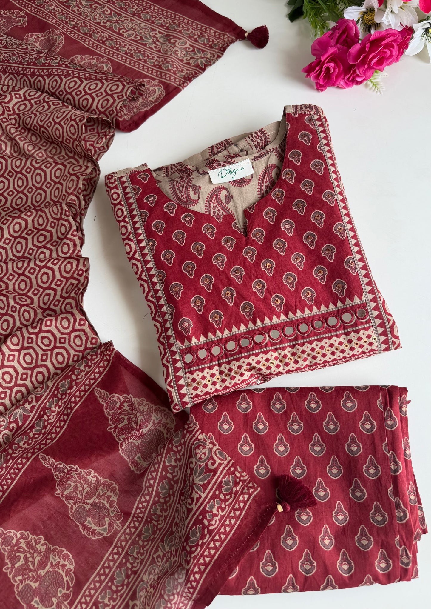 K172 - Mul cotton mirror embroidered Anarkali with pants and dupatta