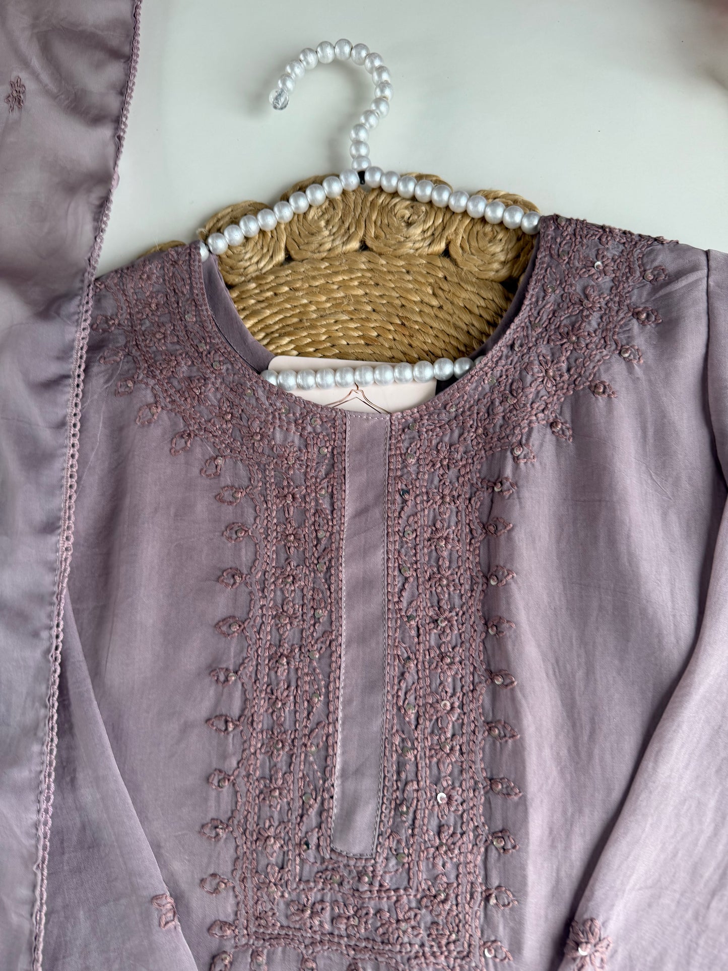 K510 - Viscose organza chikankari straight Kurti with pants and dupatta