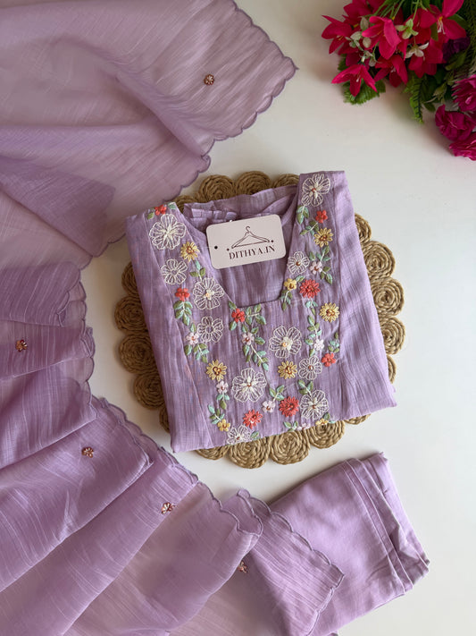 K336 - Mul chanderi embroidered Anarkali with pants and dupatta