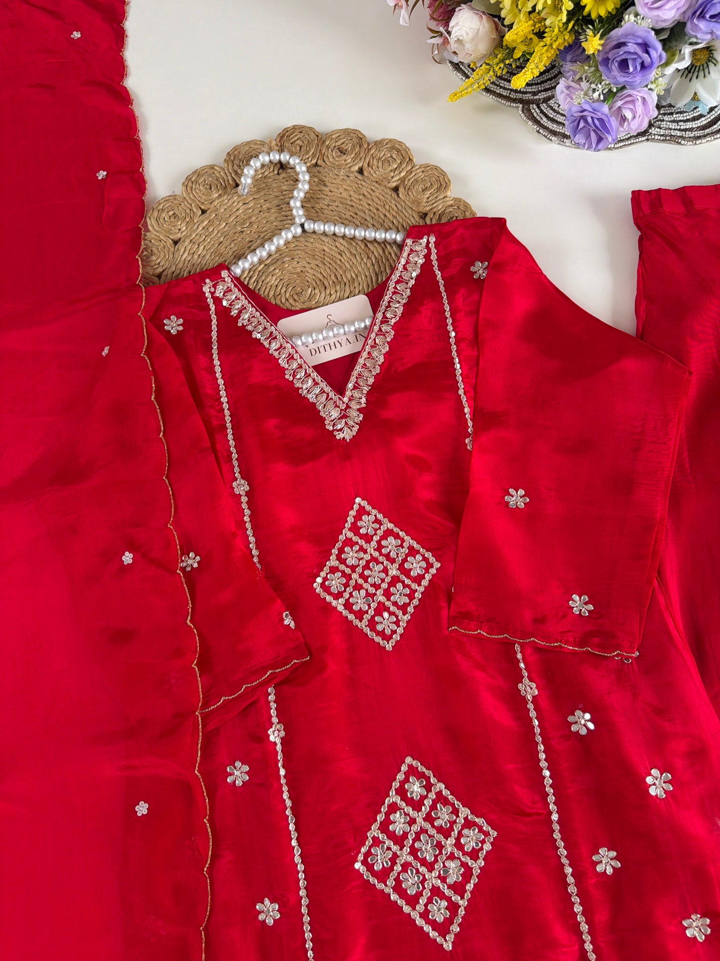 K375 - Pure crape gota work short Kurti with divider pants and dupatta