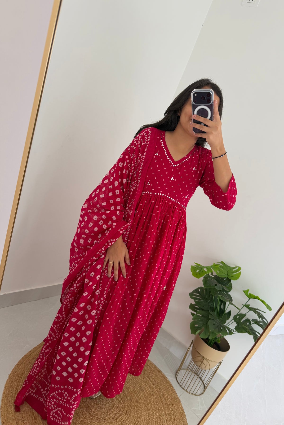 K017 - Kota doriya bandhini mirror work Anarkali with pants and dupatta in 3 colours