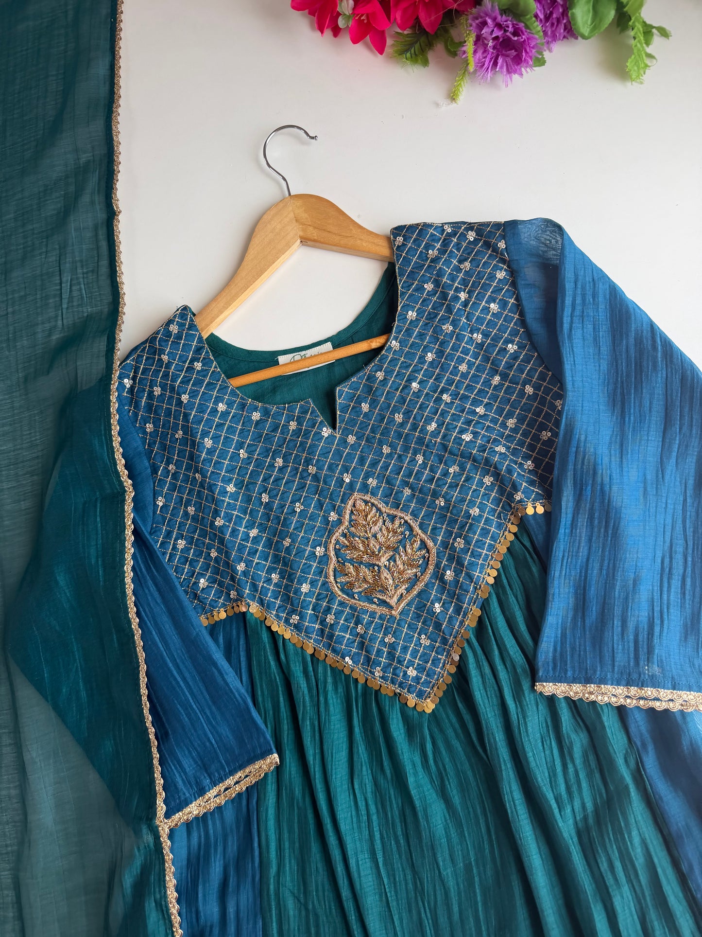K603 - Mul chanderi handwork Anarkali with pants and dupatta in 2 colours