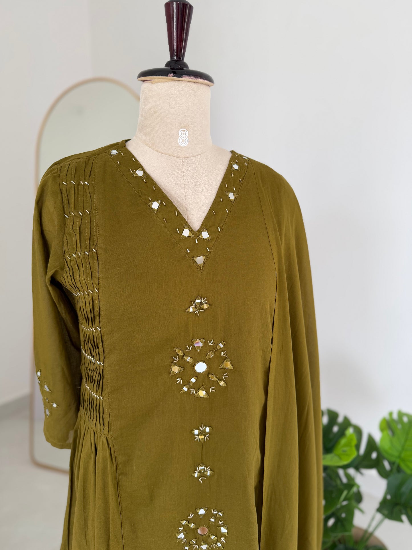 K300 - Mul cotton mirror work aline Kurti with pants and dupatta in 2 colours