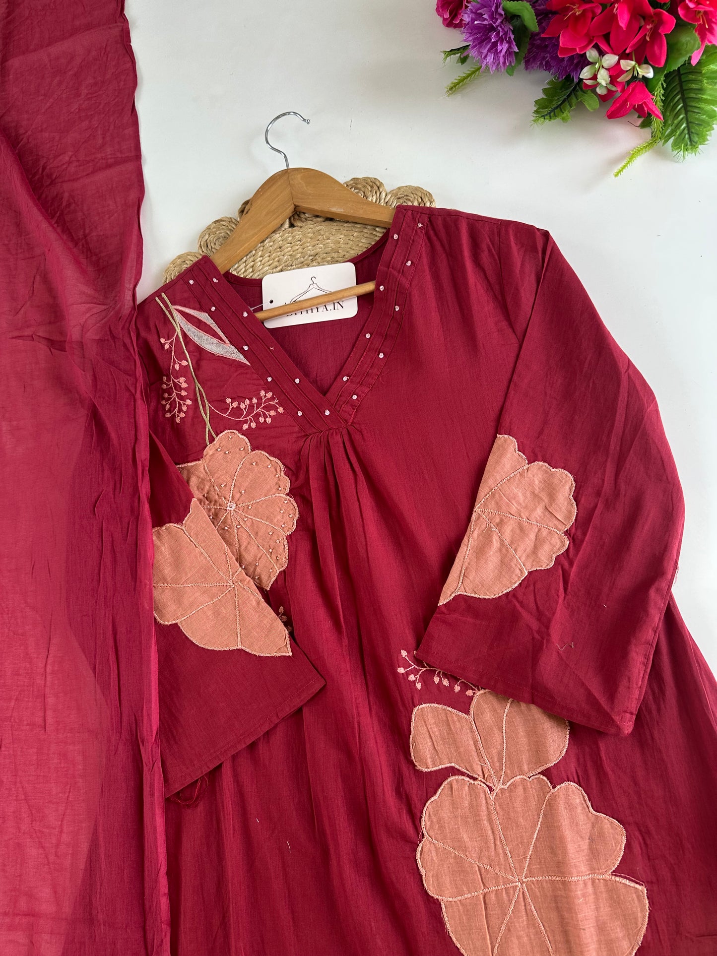 K243 - Mul cotton appliqué Aline Kurti with pants and dupatta