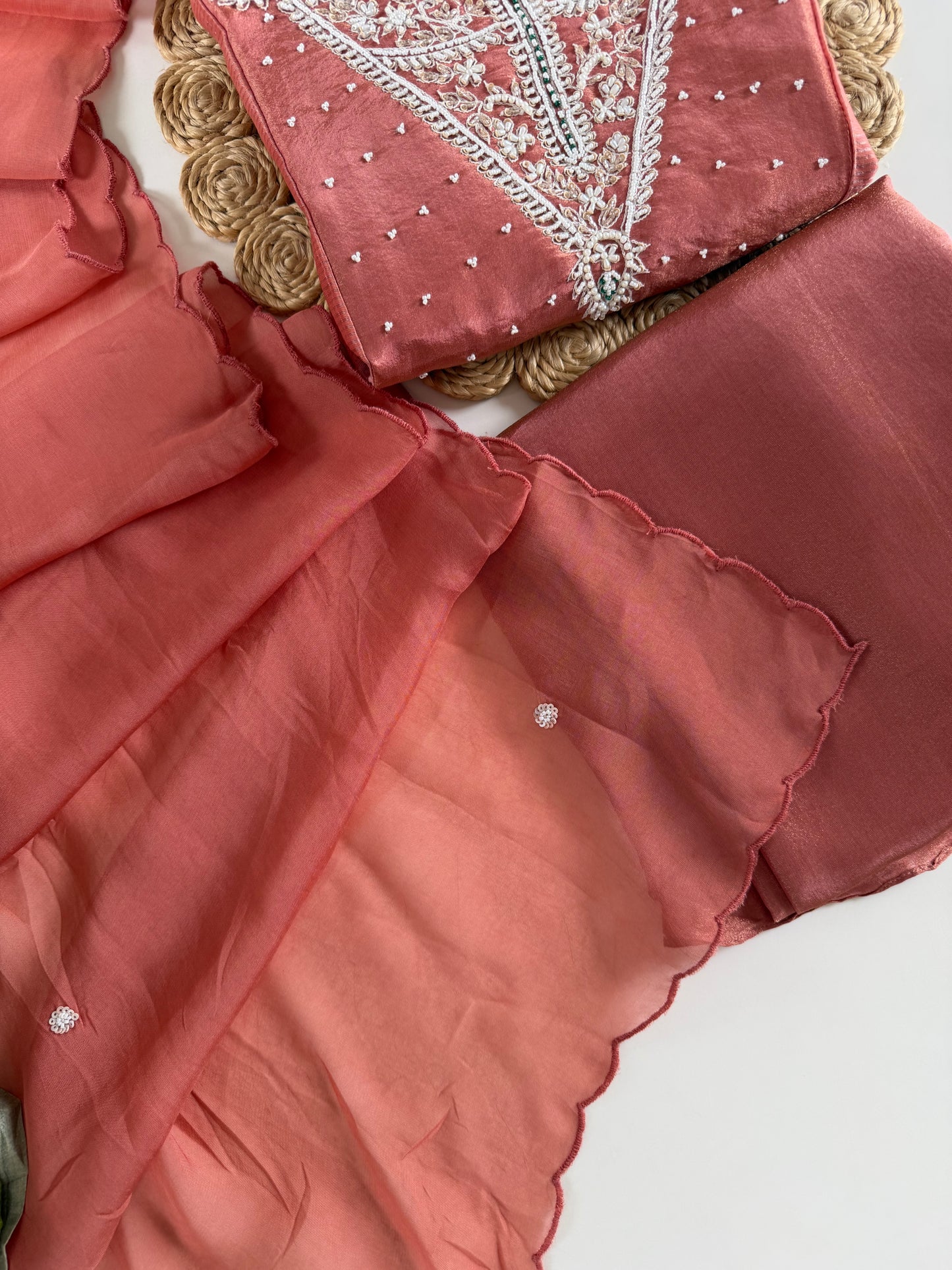 K110 - Tissue silk pearl work Anarkali with pants and dupatta
