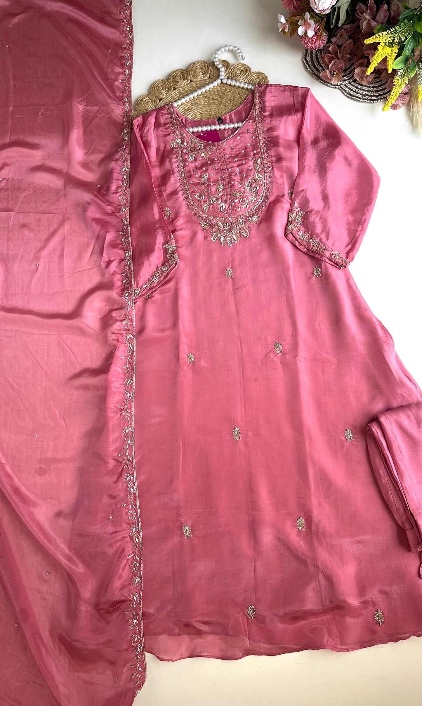 K470 - HO silk handwork Aline Kurti with pants and dupatta