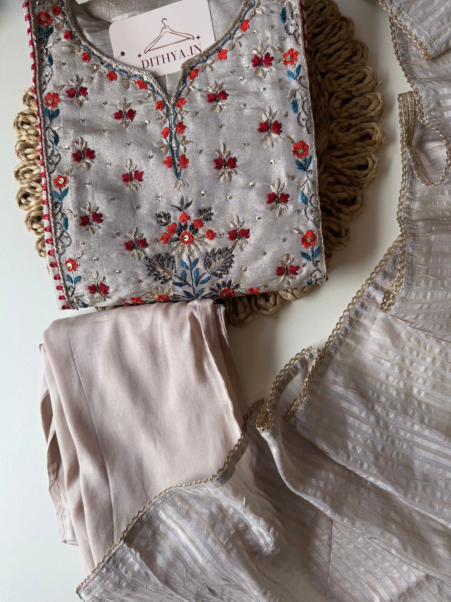 K588 - Kanjivaram Tissue silk Aline Kurti with pants and dupatta