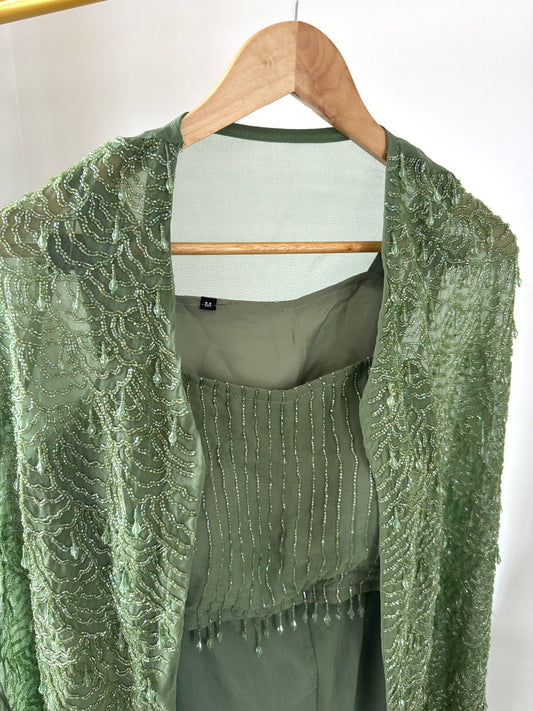 K267 - Viscose organza cutdhana crop top ,cape and palazzo
