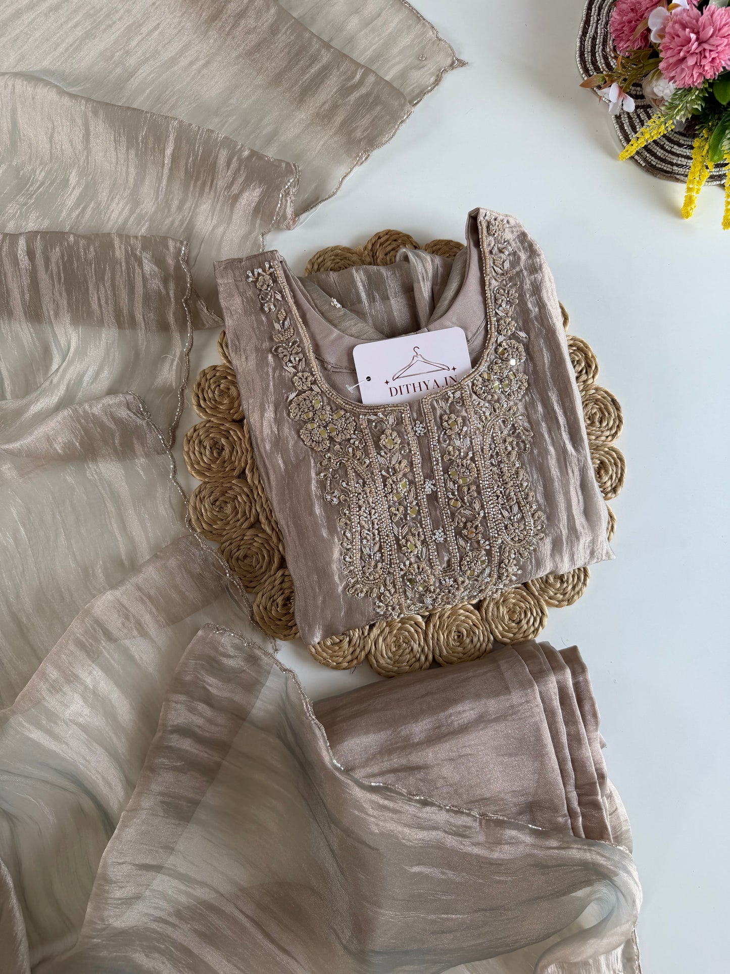 K600 - Glass tissue silk handwork aline Kurti with pants and dupatta