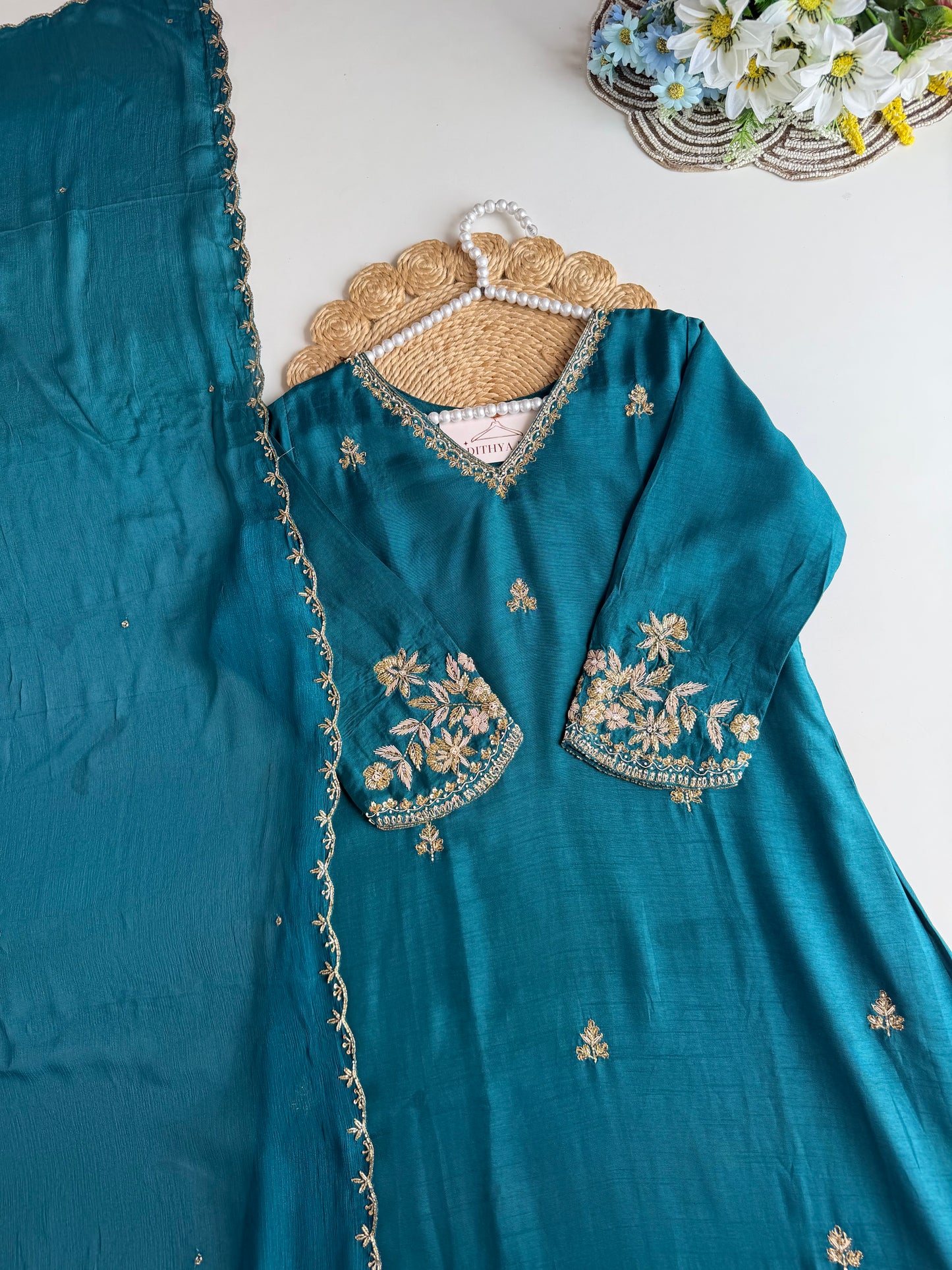 K126 - Russian silk handwork Aline Kurti with pants and dupatta in 2 colours