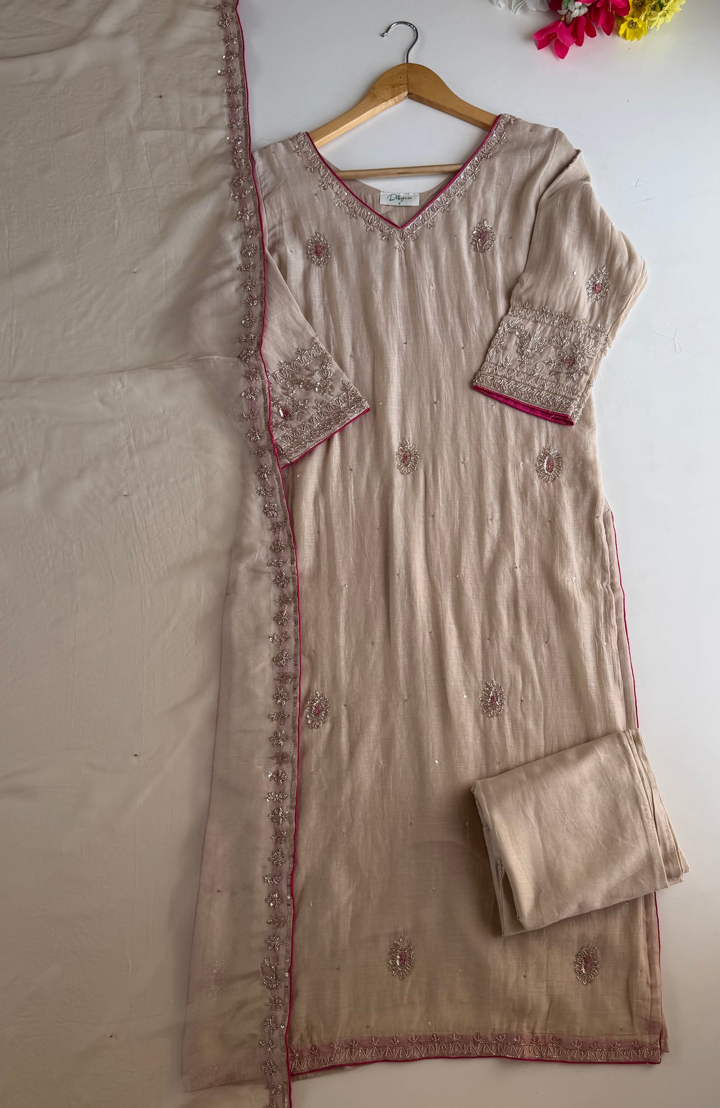 K281 - Mul chanderi handwork straight Kurti with pants and dupatta