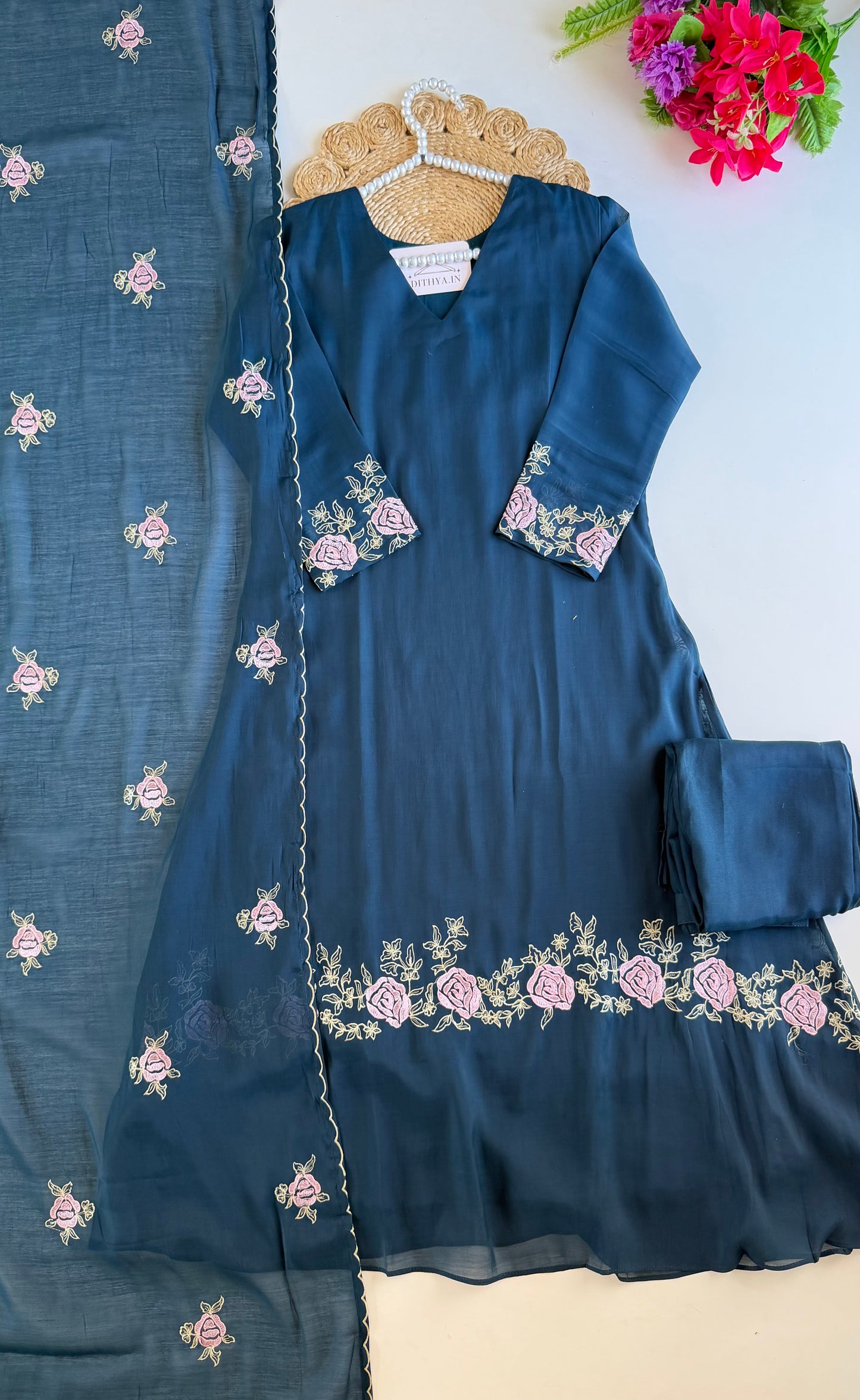 K582 - Surat Mul chanderi embroidered Aline Kurti with pants and dupatta