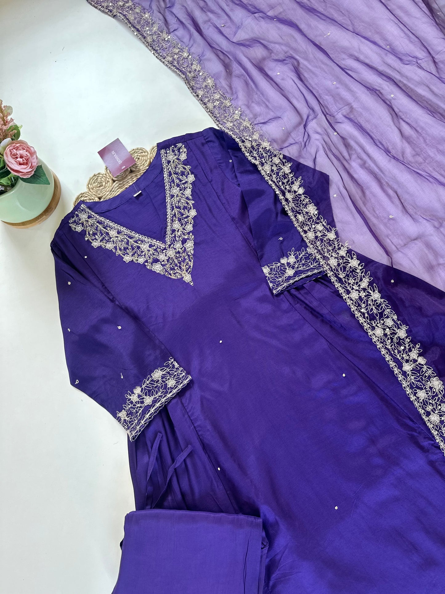 K076 - Russian silk Zari work saline Anarkali with pants and organza dupatta .