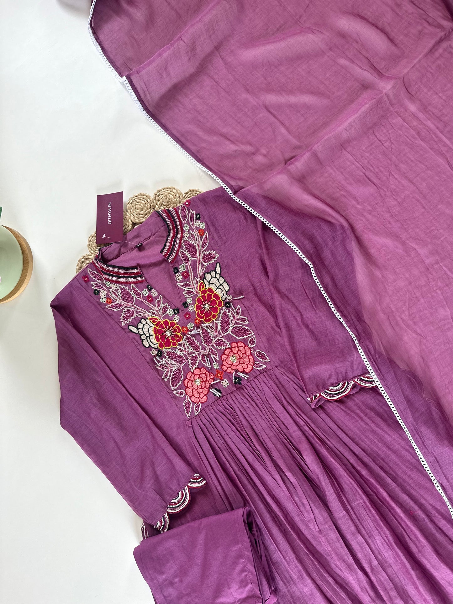 K127 - Mul Chanderi Aline Kurti with pants and dupatta .