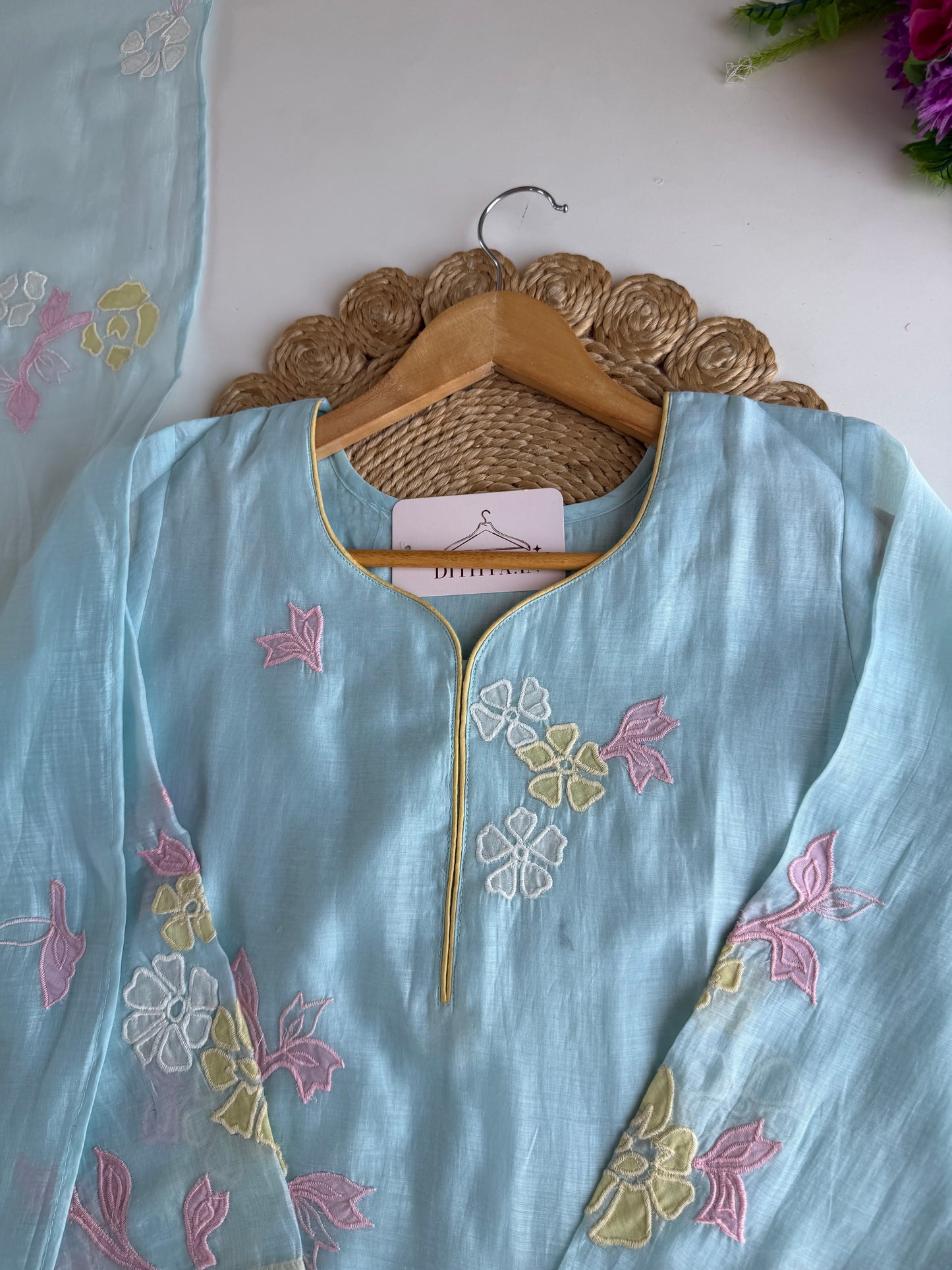 K687 - Mul chanderi appliqué work straight Kurti with pants and dupatta