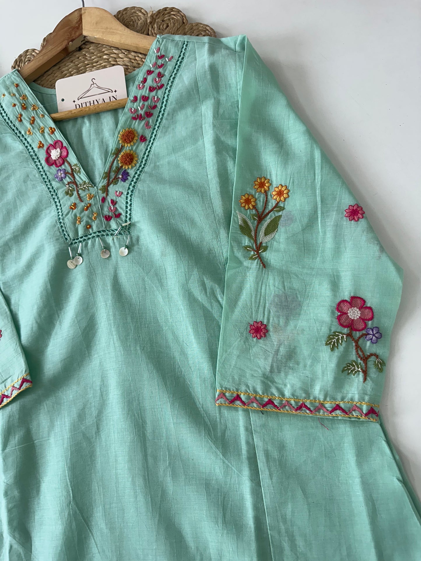 K580 - Mul cotton embroidered Aline Kurti with pants and dupatta